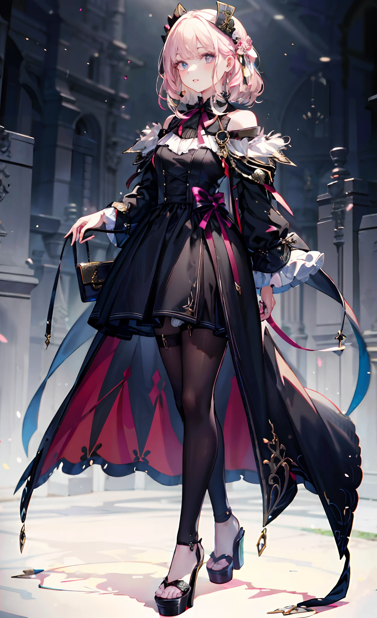 (Complete head:1.9),meticulous portrayal of face,1 noblewoman,a matural female,Black dress long dress,(black lence stockings+),(High-heeled ribbon sandals),(Black stocking feet+),Pink White Long Hair,Prom background, Perfect body, s the perfect face, perfect hand, Perfect Finger, Perfect lips, perfect eyes, Perfect background