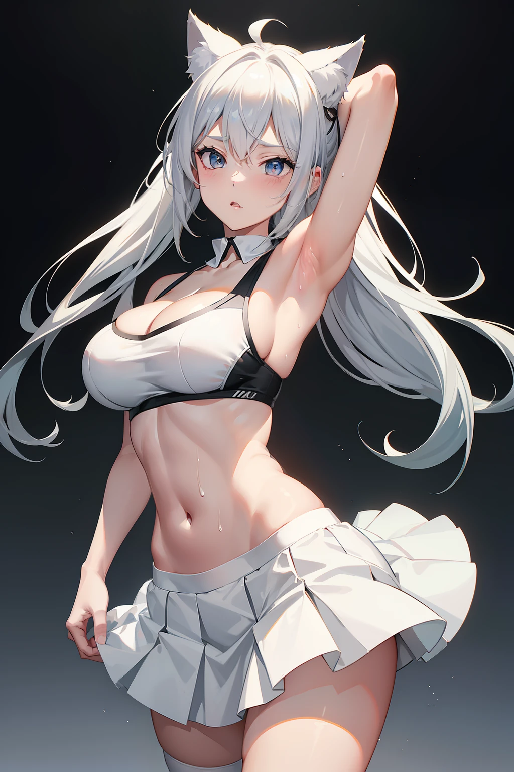 Anime girl with gray hair and cat ears,Shy blush, perfect bodies,Nice sexy body,tempting pose,White sports short sleeves，Short white pleated skirt，White lace panties，White sport socks，White tennis shoes,cropped shoulders，Wet hair，High ponytail，body soaking wet，Nice sexy body,Five fingers,crisp breasts,Big breasts,Convex buttocks,smooth thigh,cleavage , 8 k artistic photography, Arte conceptual fotorrealista, soft natural volumetric cinematic perfect light, tmasterpiece, Epic, trending on artstationh, vibrant, production cinematic character render, ultra high quality model, Chiaroscuro