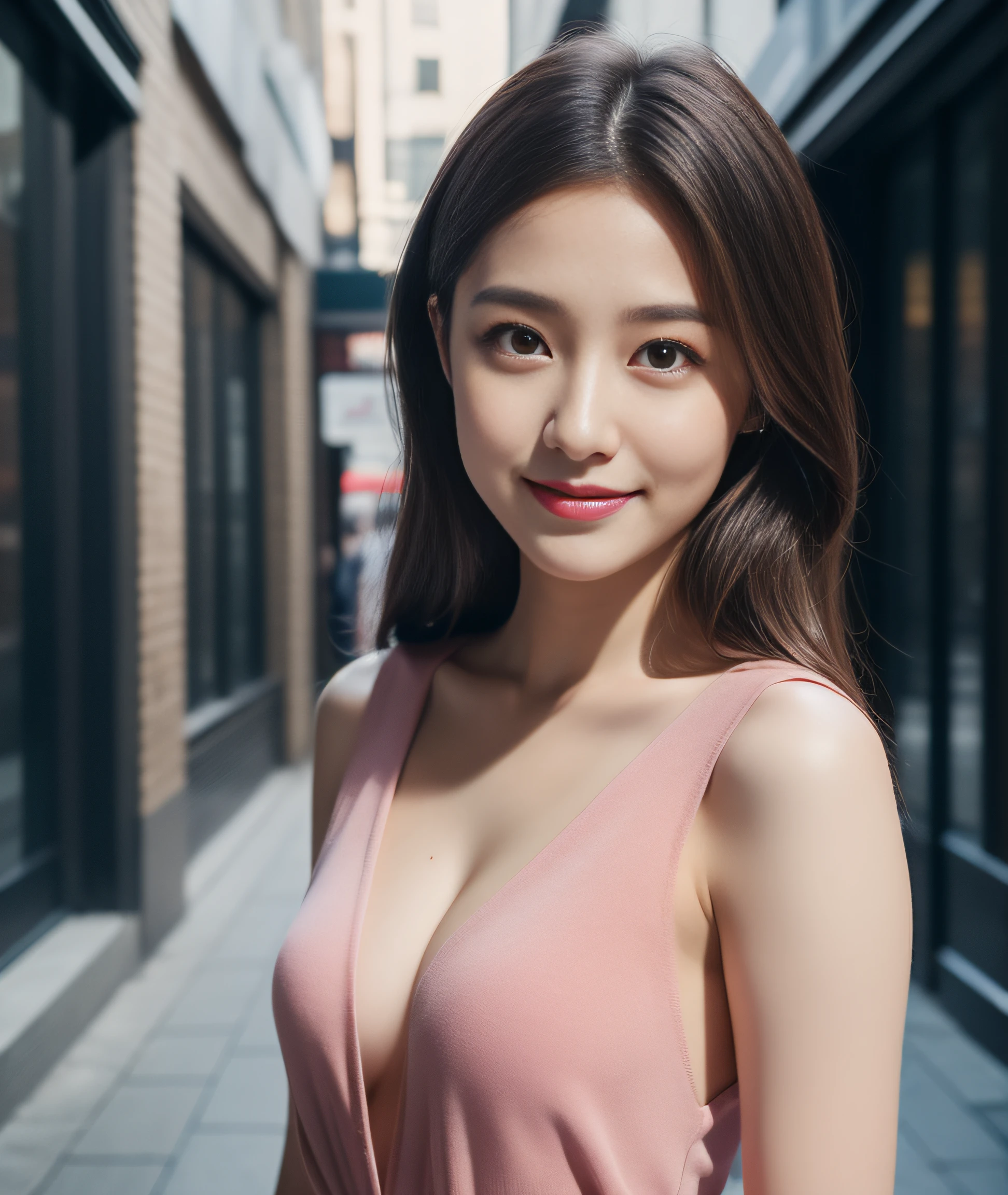 ((best quality, 8K, masterpiece: 1.3)), beautiful girl, pure, melon face, kind and cute, sweet smile, pure desire, slender body, (front), (tilted head), ((looking at camera) ), dark pink suit and skirt, smooth black medium hair, long flowing shoulders, round black big eyes, clear big eyes, moist red lips, sweet, standing on the pavement, street corner background, (((Whole body))),