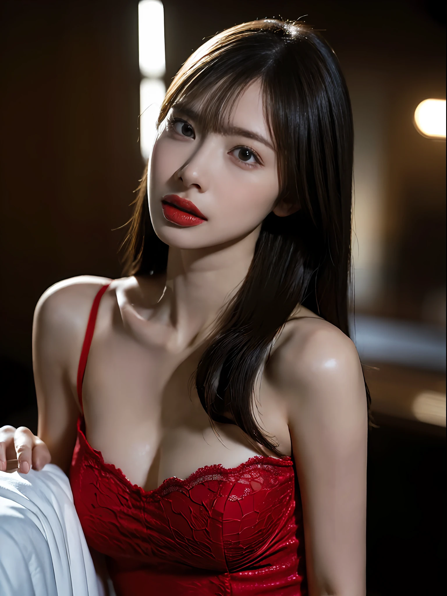 ((top-quality、8K、masuter piece:1.3)), 1 female, Beautiful girl emphasizing slender abs:1.3, 爆乳:1.2, Pose Seductive, Sexually seductive facial expressions, (Wearing ultra-thin red lace underwear: 1.4, Open your crotch, that are about to spill, Red Off-Shoulder, are visible, Cinematic lighting, hyperdetailed face, High detailed lips, A detailed eye, double-edged eyelid, Ecchi,