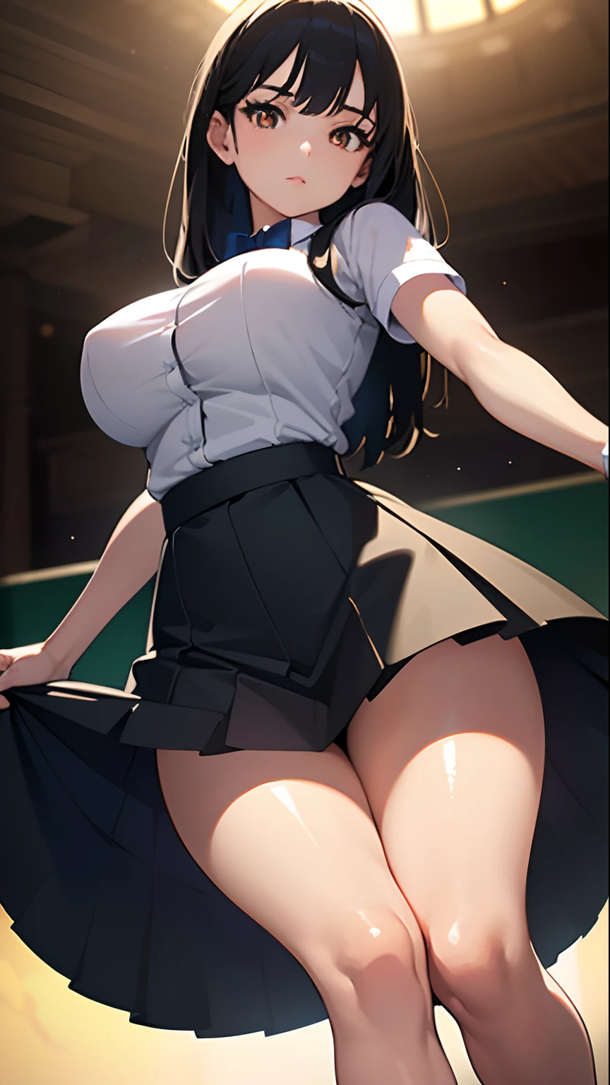 1girl, solo, masterpiece, best quality, realistic, hyper-detailed, shiny skin, absurd, looking at viewer, long black hair, brown eyes, slender, dynamic lighting, high resolution, sharp focus, depth of field, detailed eyes, sharp pupils, realistic pupils, thick thighs, skirt, pleaded skirt, large breasts, tight top