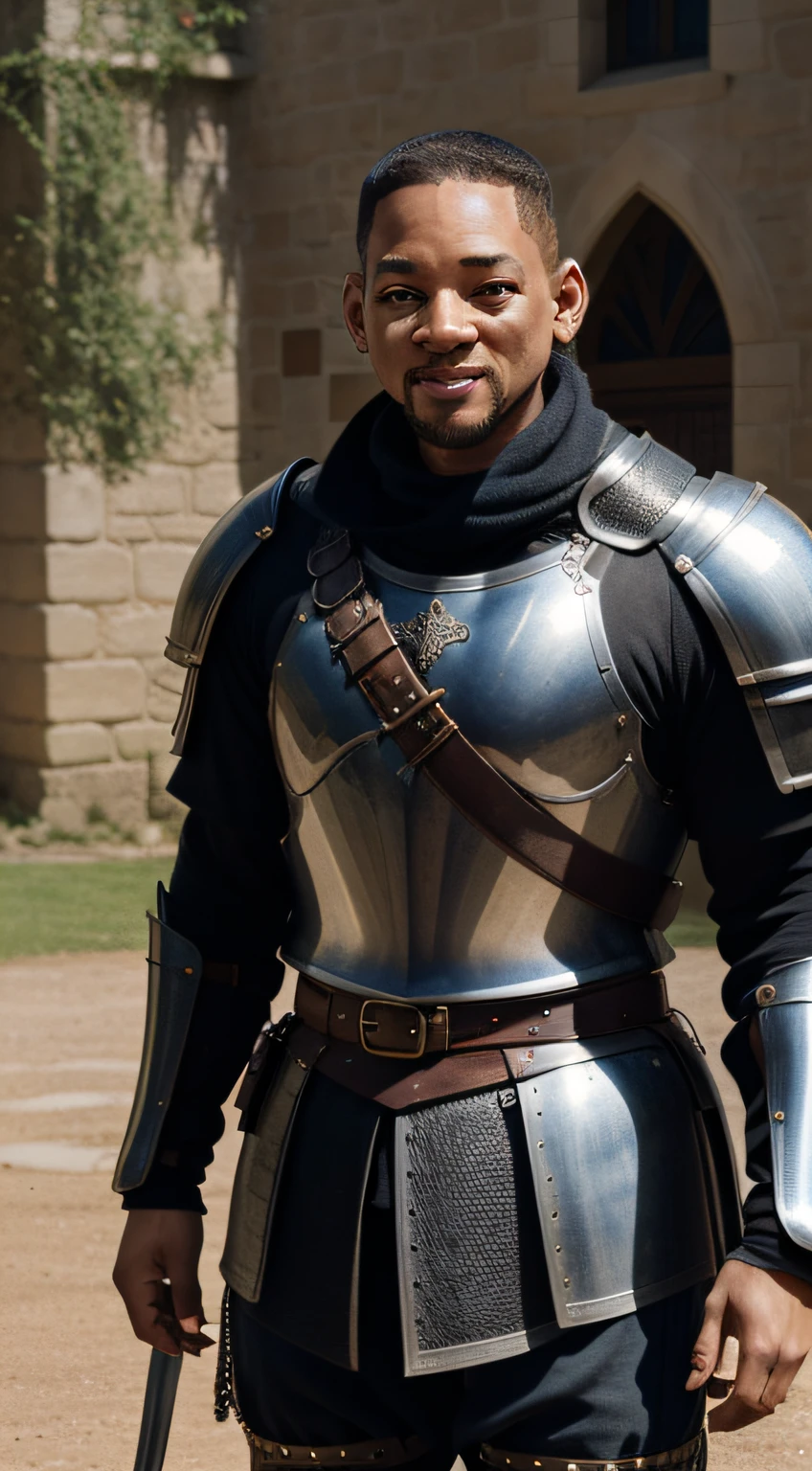 close-up, Man ((bald, Will Smith, knight, near a castle)), looking at viewer, wearing (cuirass, gorget, pauldron, couter, vambrace, gauntlets, cuisses, greaves, sabatons, poleyn, tasses, plackard, rerebrace, breastplace, faulds, scabbard, gardbrace, shoulder armor), HDR