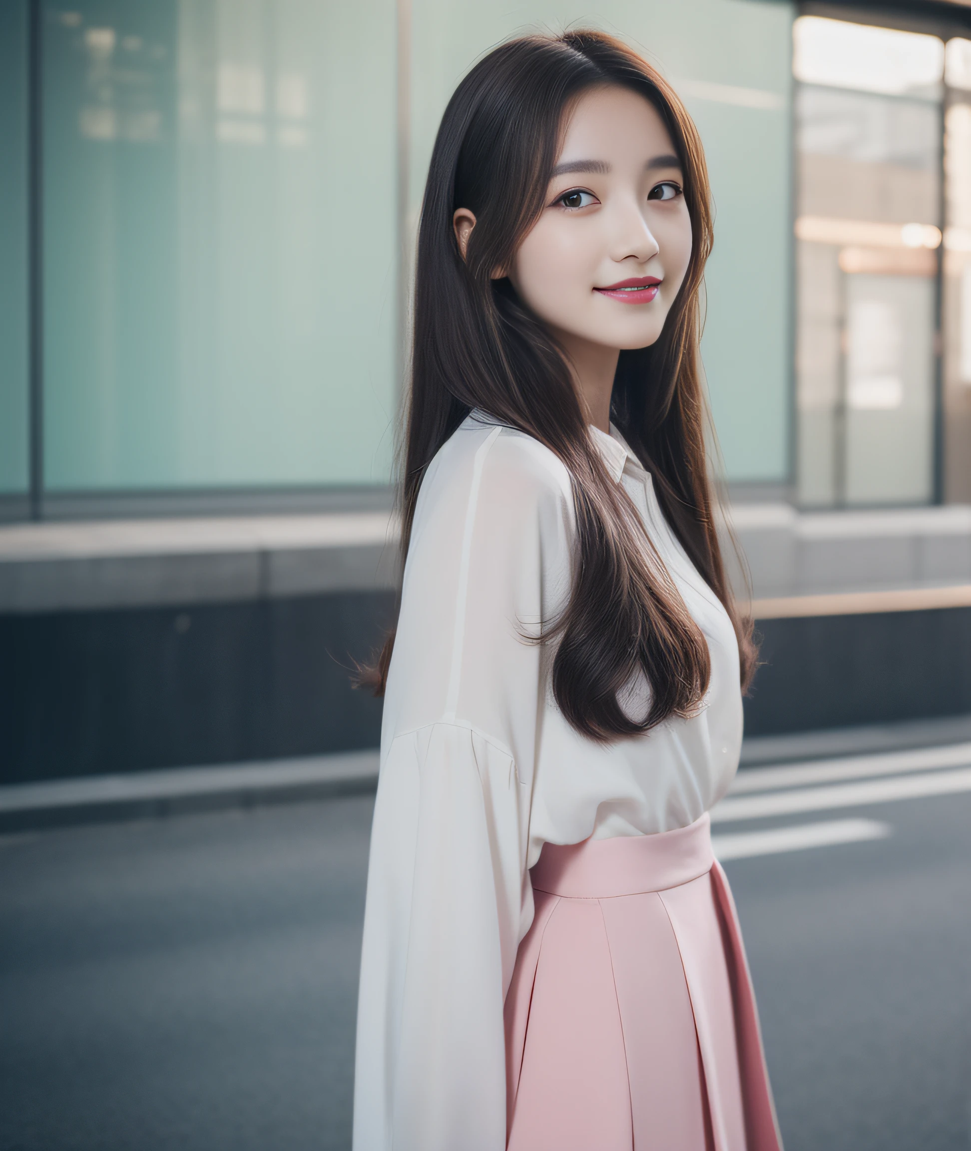 ((best quality, 8K, masterpiece: 1.3)), beautiful girl, pure, melon face, kind and cute, sweet smile, pure desire, slender body, (front), (tilted head), ((looking at camera) ), dark pink suit and skirt, smooth black medium hair, long flowing shoulders, round black big eyes, clear big eyes, moist red lips, sweet, standing on the pavement, street corner background, (((Whole body))),