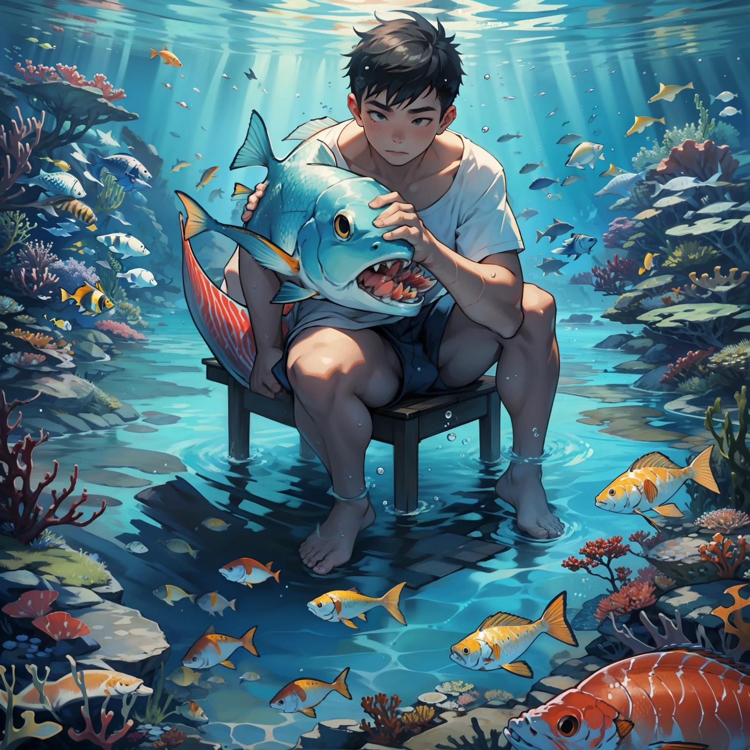 A boy swims at the bottom of the sea,Sit on the fish