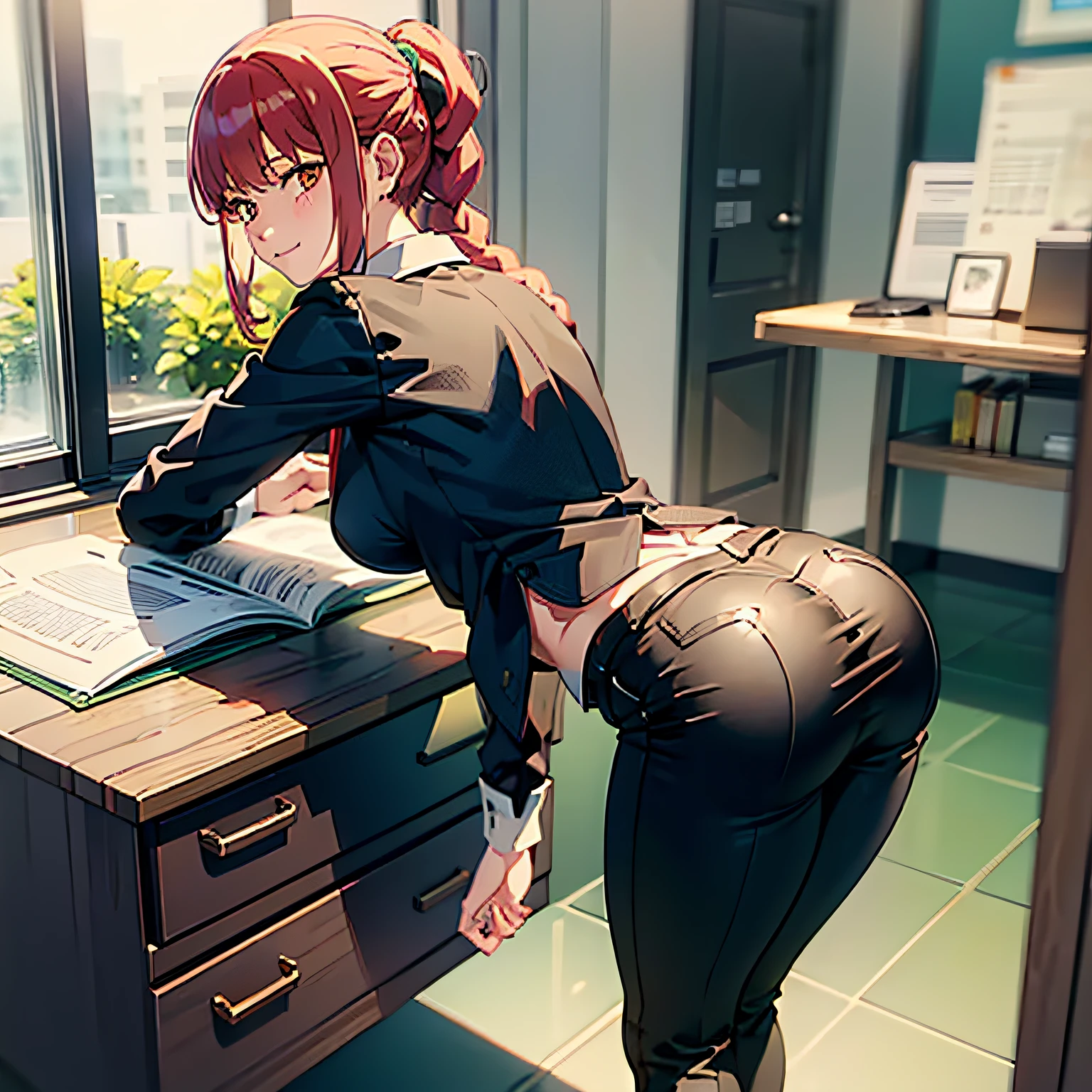 (masutepiece, Best Quality:1.2), from behind, Solo, 1girl in, Makima, Slight kinky smile, Closed mouth, Looking back, braided ponytails, Ringed Eyes, White shirt, Black pants, bent forward, Hands on desk, Bending on the desk, pervert, ultra-detailliert, Beautiful body, Best Quality, Red hair, Office Pants, neck tie, Chainsaw Man Anime, Sexy, Full body, nice booty, Formal, Suit, Collared_Shirt, Pants, Office, bent over