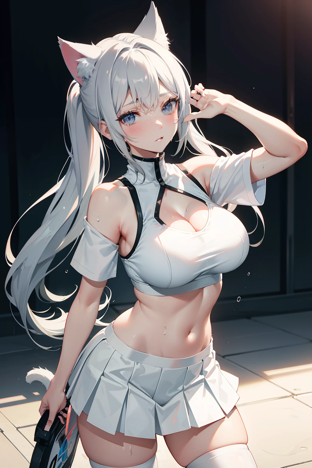 Anime girl with gray hair and cat ears,Shy blush, perfect bodies,Nice sexy body,tempting pose,White sports short sleeves，Short white pleated skirt，White lace panties，White sport socks，White tennis shoes,cropped shoulders，Wet hair，High ponytail，body soaking wet，Nice sexy body,Five fingers,crisp breasts,Big breasts,Convex buttocks,smooth thigh,cleavage , 8 k artistic photography, Arte conceptual fotorrealista, soft natural volumetric cinematic perfect light, tmasterpiece, Epic, trending on artstationh, vibrant, production cinematic character render, ultra high quality model, Chiaroscuro