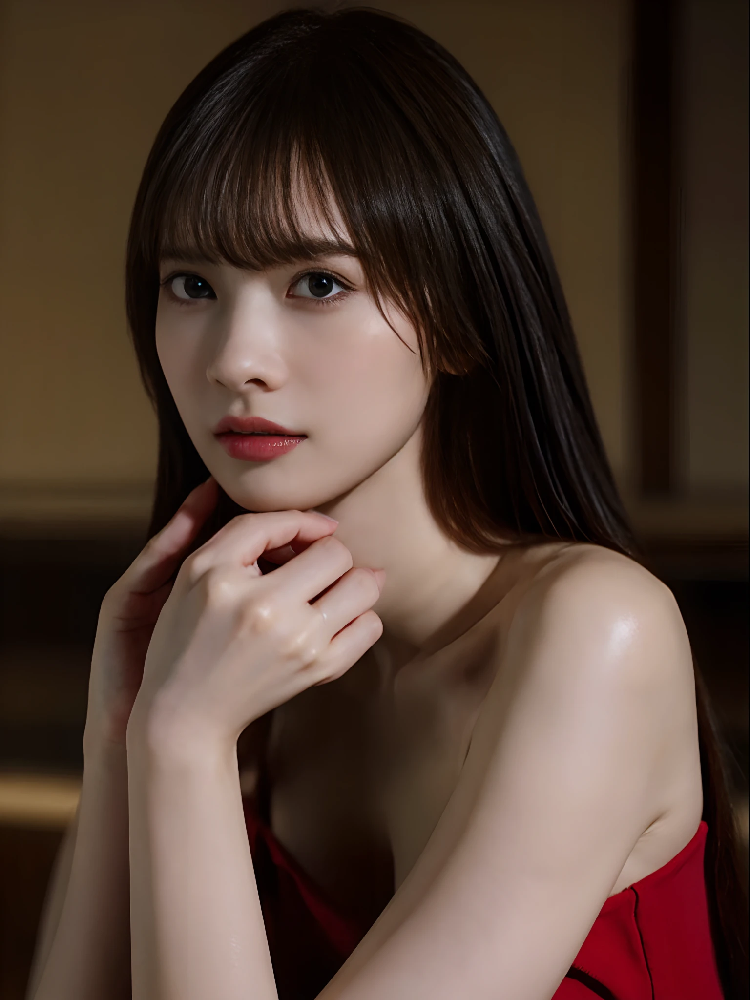 ((top-quality、8K、masuter piece:1.3))、1 female、 Beautiful girl emphasizing slender abs:1.3、 爆乳:1.2、 Pose Seductive、 Sexually seductive facial expressions、 Open your crotch、 that are about to spill、 Red Off-Shoulder、  are visible、 Cinematic lighting、 hyperdetailed face、 High detailed lips、 A detailed eye、 二重まぶた、