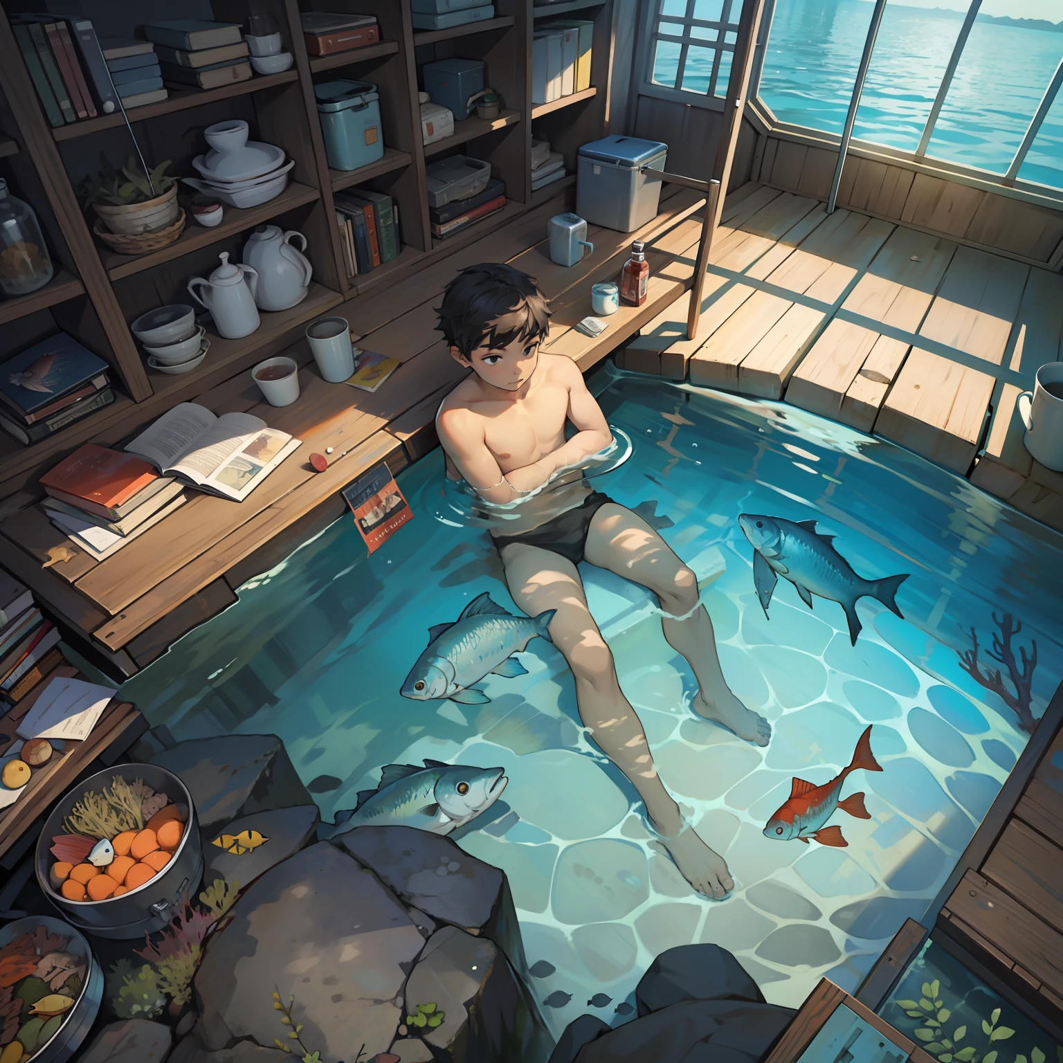 A boy swims at the bottom of the sea,Sit on the fish