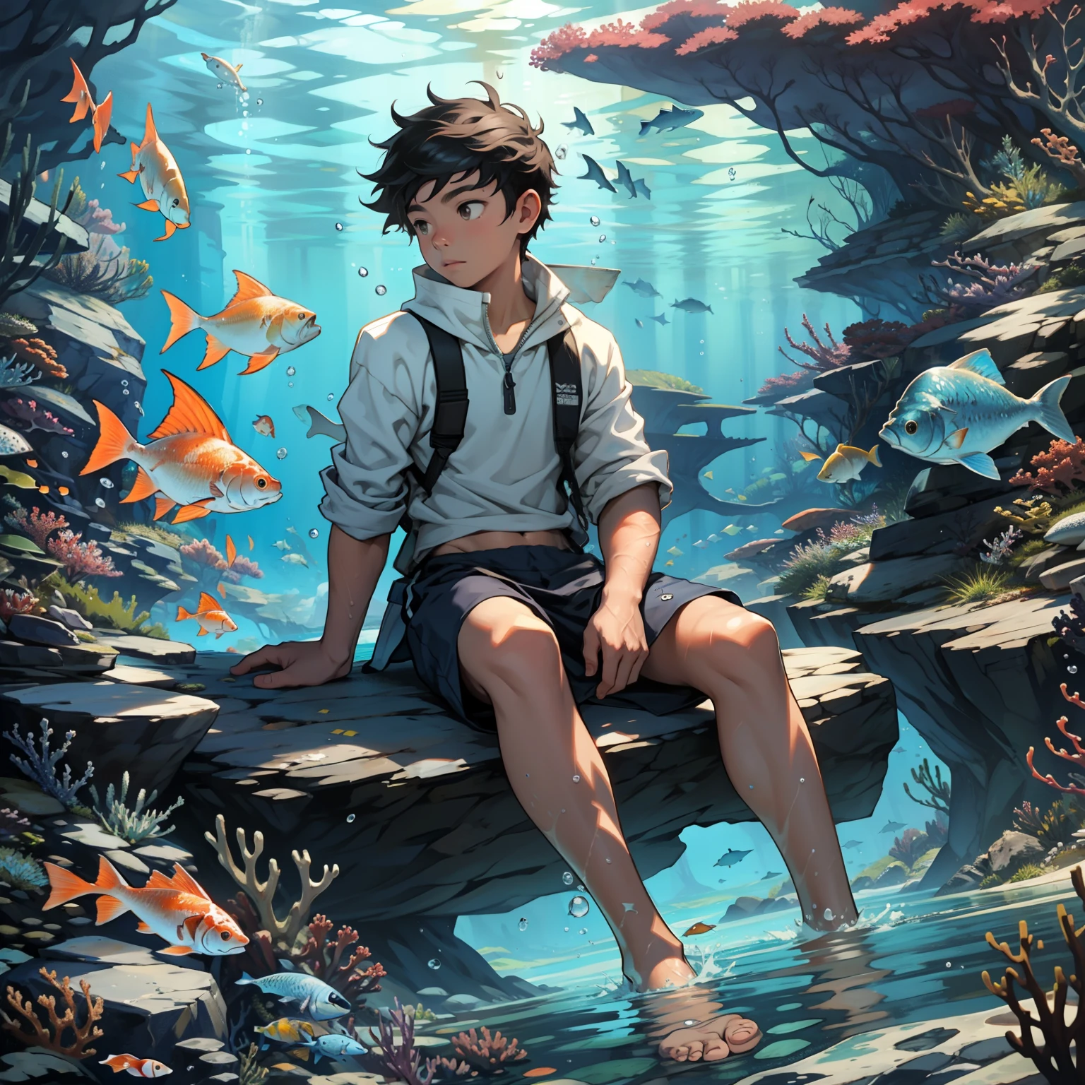 A boy swims at the bottom of the sea,Sit on the fish