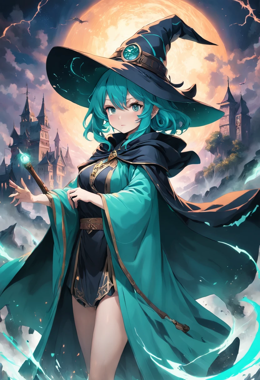 (((of the highest quality: 1.4))), ,(very intricate:1.3)(unparalleled masterpiece ever), (Ultra high definition),(Ultra-realistic 8K CG),(actionpose), (dark shot: 1.4), beautiful witch, The most bewitching in the world,(Complex mage wizard ornate robes and hats, Green Cape, :1.1), Realistic detailed aqua eye, 8 life-size, thicc body,(Magical mystical background, Fog, Faint darkness), The tree々Transmitted light adds depth to the image, (Cinematic, Teal, orange: 0.85), (Muted colors, dim colors, Muted Tones: 1.3), Low saturation, (Hyper Detail: 1.2), (Noir: 0.4), , Perfect Anatomy