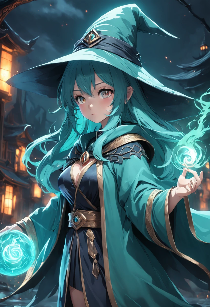(((of the highest quality: 1.4))), ,(very intricate:1.3)(unparalleled masterpiece ever), (Ultra high definition),(Ultra-realistic 8K CG),(actionpose), (dark shot: 1.4), beautiful witch, The most bewitching in the world,(Complex mage wizard ornate robes and hats, Green Cape, :1.1), Realistic detailed aqua eye, 8 life-size, thicc body,(Magical mystical background, Fog, Faint darkness), The tree々Transmitted light adds depth to the image, (Cinematic, Teal, orange: 0.85), (Muted colors, dim colors, Muted Tones: 1.3), Low saturation, (Hyper Detail: 1.2), (Noir: 0.4), , Perfect Anatomy