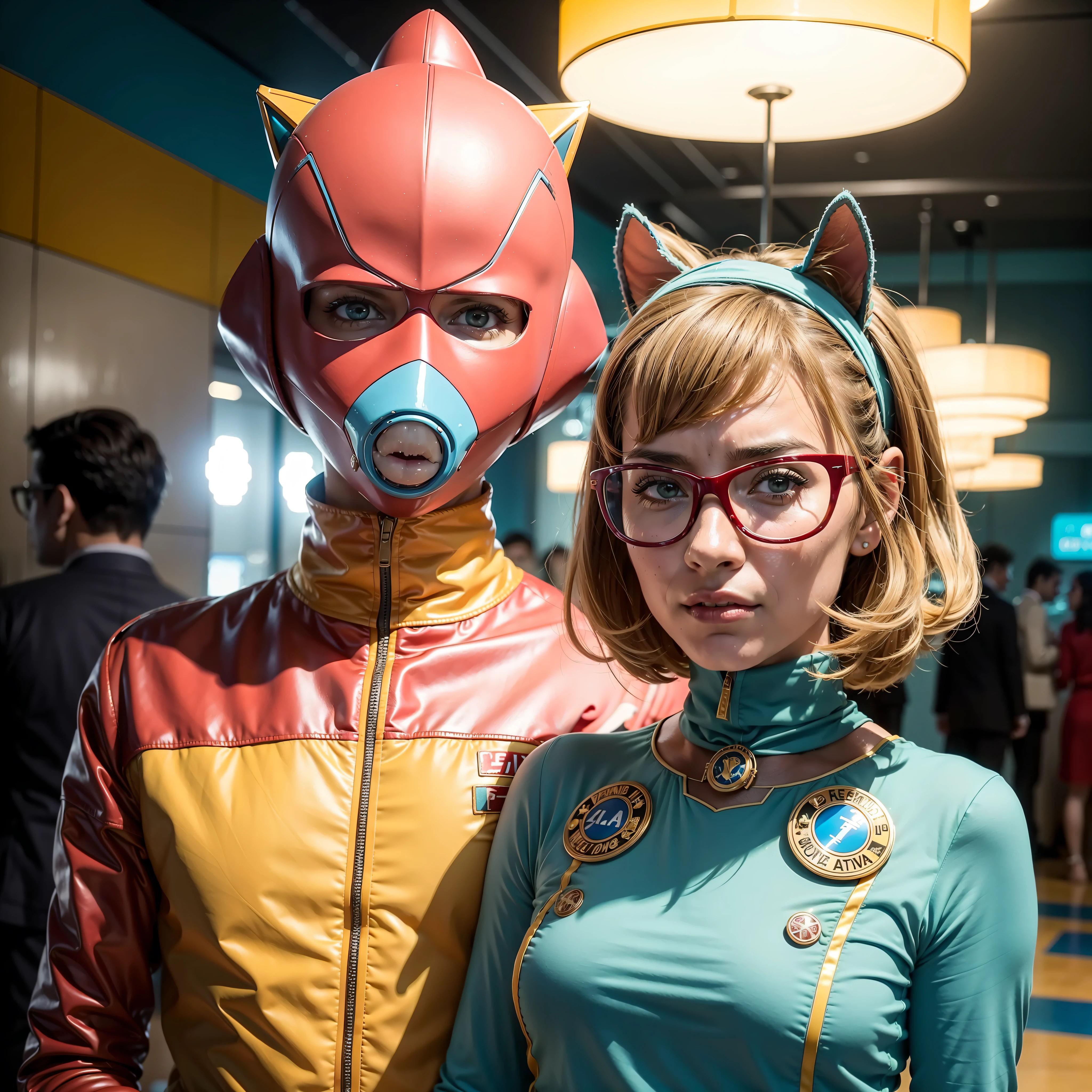 There's a costumed man and woman posing for a photo, ainda de um filme live action, japanese live-action movie, medium shot of two characters, movie still of the alien girl, cena do filme live action, japanese dc live-action movie, the robot wearing her human mask, filme ainda 8K, Ainda de um filme de Wes Anderson