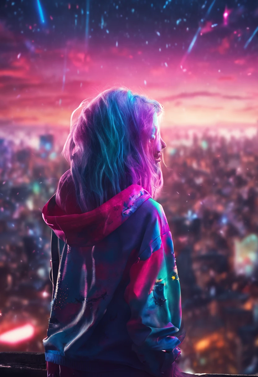 "Image Quality: 8K (Best Quality Scale: 1.2), Artistic Style: Realistic, Photorealistic Factor: 1.37, Clarity: Ultra High Definition, Subject:1girl flying above stunning cityscape ,hoodie,blue hair, neon color shooting stars, very long hair, off shoulder, feather hair ornament, neon colors, flashes, stunning night sky,  Girl (16 yearble Features: Pleasant Smile, Closed Mouth, Exquisite Details, Lovely Nose, Composition: Full Body, Damp Hair, Context: Amidst Colossal Dalsefo, huge Angel wings very detailed