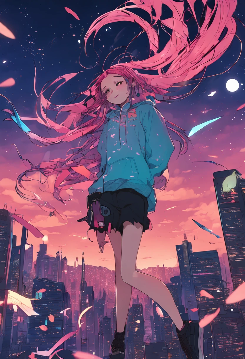 "Image Quality: 8K (Best Quality Scale: 1.2), Artistic Style: Realistic, Photorealistic Factor: 1.37, Clarity: Ultra High Definition, Subject:1girl flying above stunning cityscape ,hoodie,blue hair, neon color shooting stars, very long hair, off shoulder, feather hair ornament, neon colors, flashes, stunning night sky, Teenage Girl (16 years old), Notable Features: Pleasant Smile, Closed Mouth, Exquisite Details, Lovely Nose, Composition: Full Body, Damp Hair, Context: Amidst Colossal Dalsefo, huge Angel wings very detailed