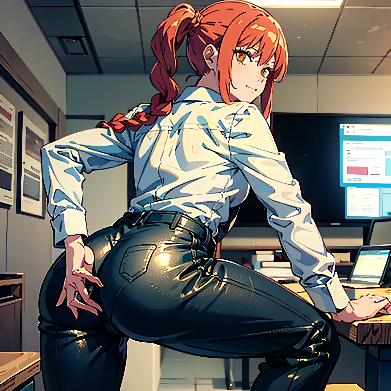 (masutepiece, Best Quality:1.2), from behind, Solo, 1girl in, Makima, Slight kinky smile, Closed mouth, Looking back, braided ponytails, Ringed Eyes, White shirt, Black pants, bent forward, Hands on desk, Bending on the desk, pervert, ultra-detailliert, Beautiful body, Best Quality, Red hair, Office Pants, neck tie, Chainsaw Man Anime, Sexy, Full body, nice booty, Formal, Suit, Collared_Shirt, Pants, Office, bent over