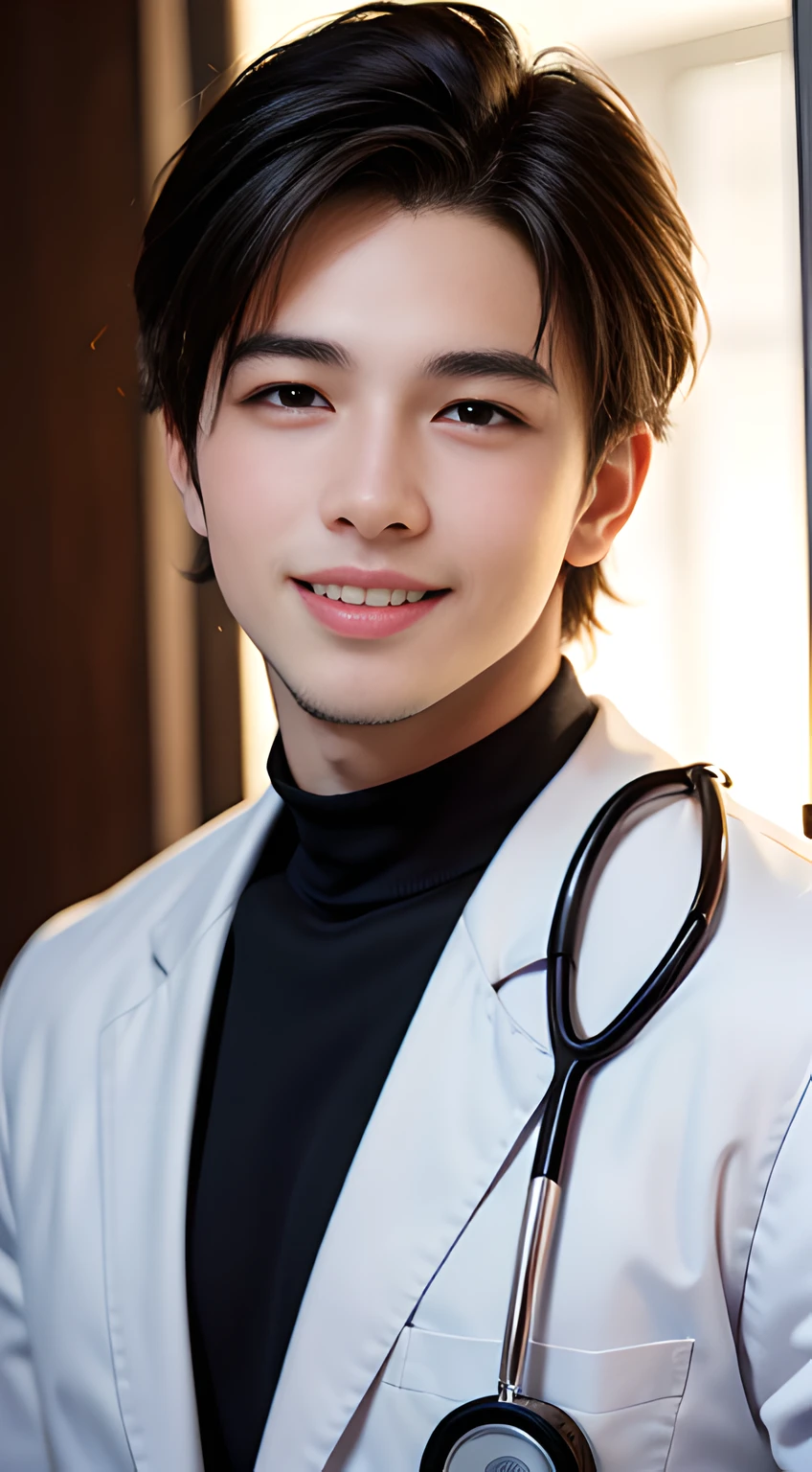 ((Men only)), (head shot), (handsome muscular man in his 20s), (A doctor with a professional demeanor, white coat, stethoscope, and an approachable, reassuring smile), (Chris Redfield), (Mischievous smile), (detaile: 1 in 1), Natural muscles, HIG quality, beautidful eyes, (Detailed face and eyes), (Face、: 1 / 2), Noise, Real Photographics、... .................................................................................................................PSD, Sharp Focus, High resolution 8K, realisitic & Professional Photography, 8K UHD, Soft lighting, High quality, Film grain, FujifilmXT3
