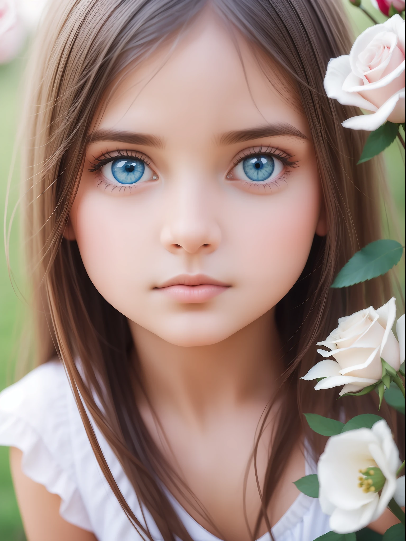 portrait of a girl standing in the flowers, red and white rose , blue eyes, indian girl, white tone color, realistic, close shot