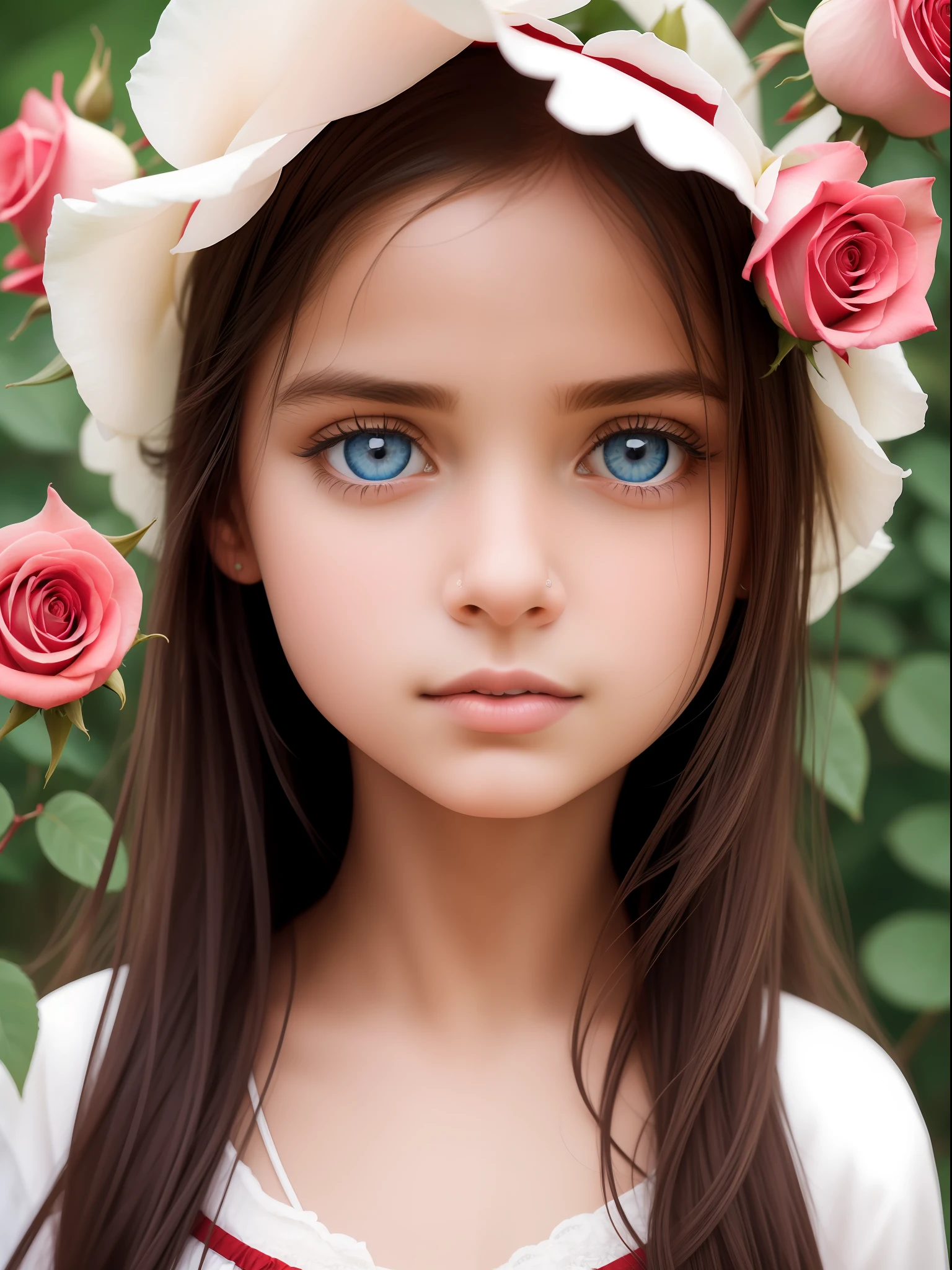 portrait of a girl standing in the flowers, red and white rose , blue eyes, indian girl, white tone color, realistic, close shot