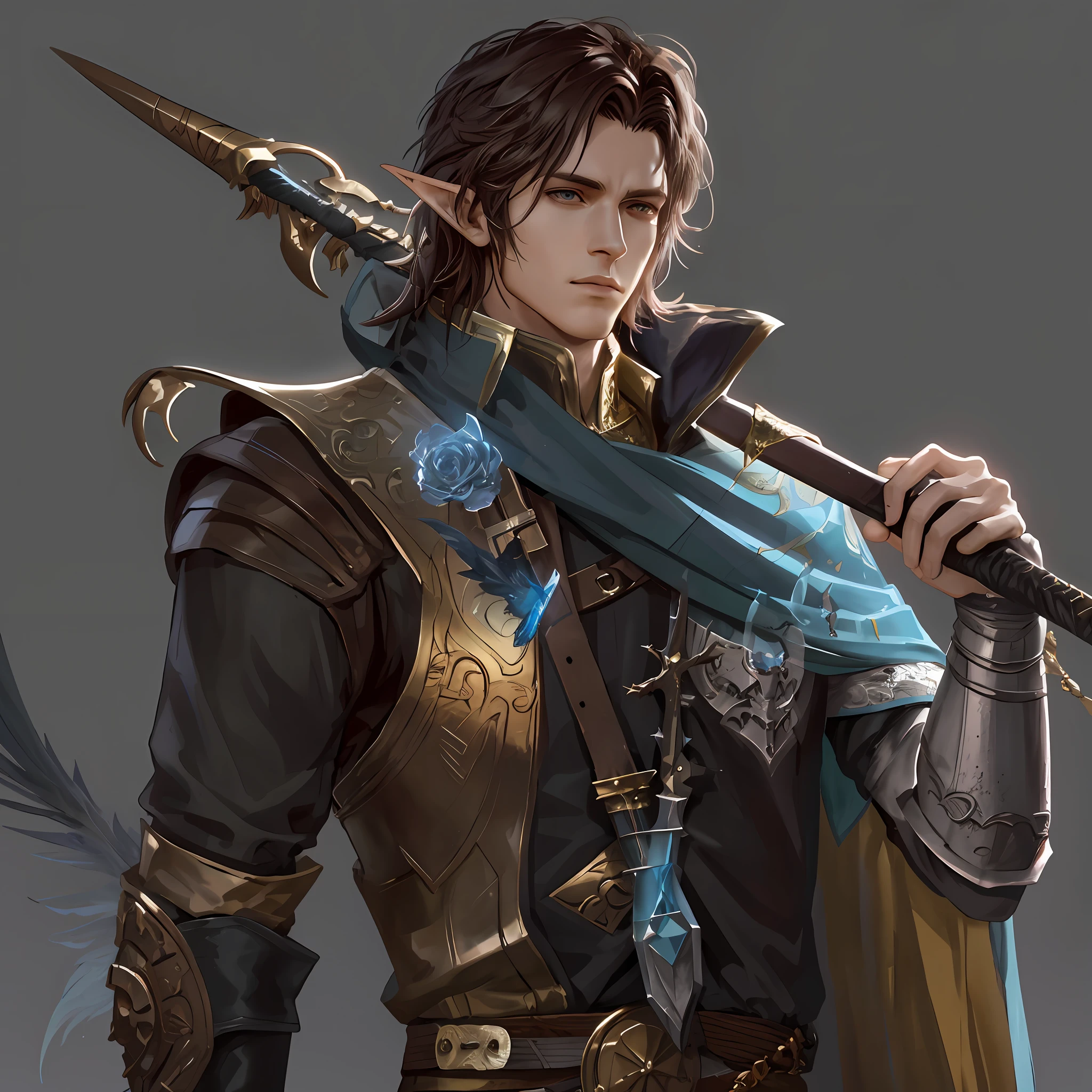 There is a man with a sword and a robe holding a sword, RPG retrato arte conceitual, male artificer, caleb from critical role, Retrato de um personagem DND, Arte do personagem RPG, Fantasia D&Personagem D, Personagem de arte conceitual de RPG, Um retrato de um elfo masculino, d & d retrato do caractere, Retrato da barbatana wildcloak, d & d personagens de fantasia,personagem de fantasia hiper-detalhado, 3 D rendering character art 8 K,epic exquisite character art, 2. 5 d cgi anime fantasia arte | |, arte de personagem impressionante, 8k arte detalhada de alta qualidade, WLOP intrincado,Trajes deslumbrantes,Pele reflexiva,Anatomia ultra-correta,olhos claros brilhantes