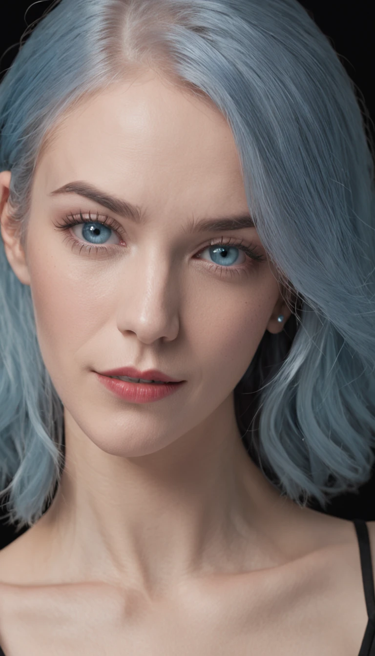 Close-up photo of woman with light blue hair, Strong blue eyes,com um brilho intenso, Thick and dark eyebrows, A well-made face, and lips with red lipstick. She wore a black wool shirt. The environment is a photography studio,Has a perfect black background and impeccable lighting. Woman smiling happily for the photo.
This photograph captures the woman's charming facial features up close. Movie lighting highlights her blue hair,And brought out the glow of her intense blue eyes, creating a mesmerizing effect. Unreal Engine ensures photorealistic quality, Makes her look almost lifelike.
Her light blue hair adds a touch of uniqueness to her appearance, Her bold eye makeup and red lipstick enhance her facial features with confidence and style.
The black wool shirt she wore contrasted with her fair complexion, Create eye-catching visual appeal. The woman's happy smile adds warmth and approachability to the photo.
The photography studio's meticulously crafted lighting ensures every detail of women's makeup, Hair, Clothing is displayed accurately. The camera chosen for this photo captured the intricate details of her expression and features.
The result is a visually appealing image,The vibrant personality and beauty of women are captured in medium close-ups. The combination of her unique appearance and studio setup makes the photos stand out with realism and glamour