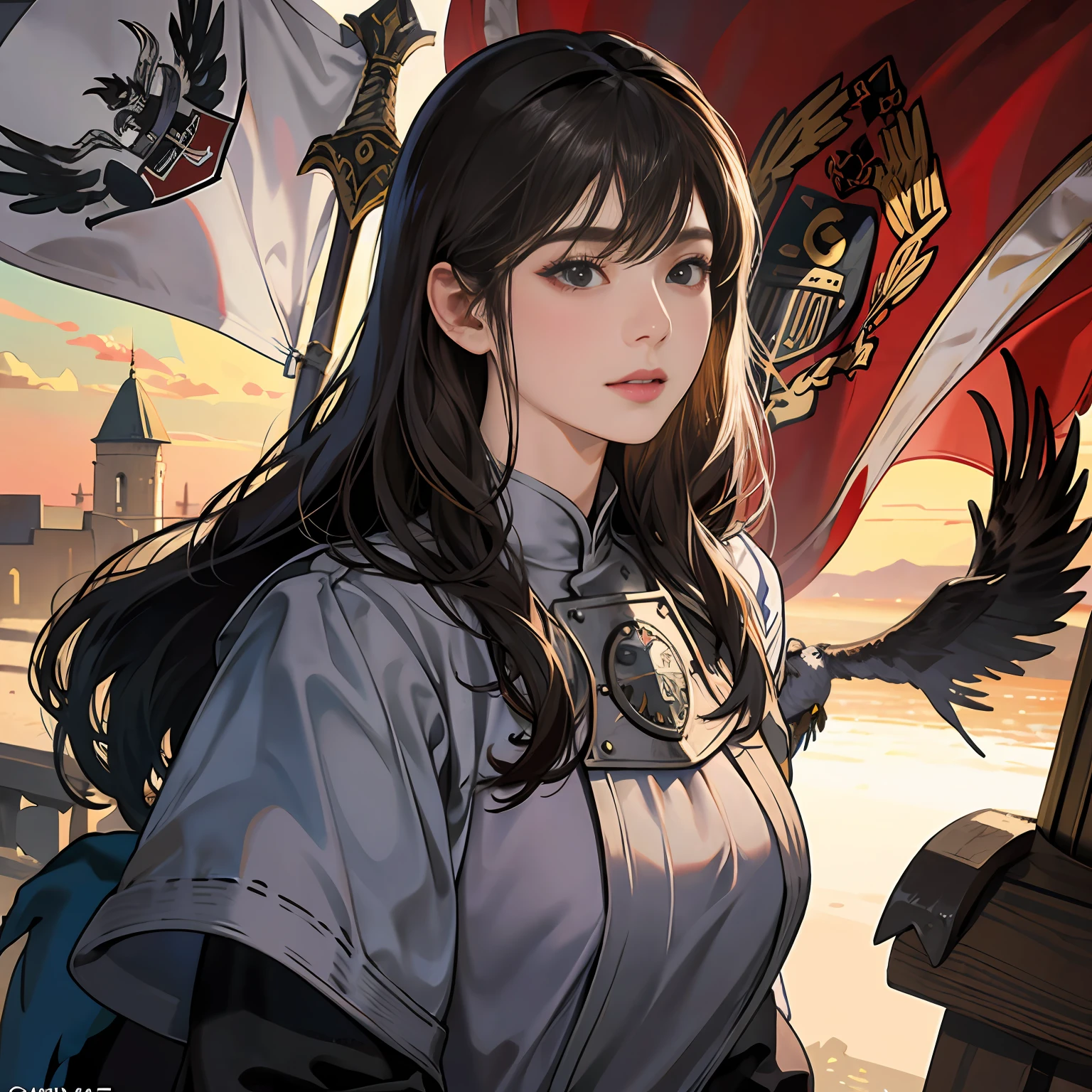 Women in Their 20s, Fantasia、offcial art, unity 8k wall paper, ultra-detailliert, beautifly、Aesthetic, masterpiece, top-quality, Photorealsitic, Castle Guard、Full Armor Knight:2.0、Sword of Steel:2.0、Black-silver armor:2.0、Black-silver breastplate:2.0、fabric with red and black stripes,、Knights、Long steel spear:2.0、Eagle crest on the chest、Eagle Heraldic Flag、A dark-haired、Black eyes、Braided hair:2.0、depth of fields, Fantastic atmosphere, Calm palette, tranquil mood, Soft shading、Castle Gate、Rampart、bbw、very large breast、plump figure、A large eagle is stuck in his arm