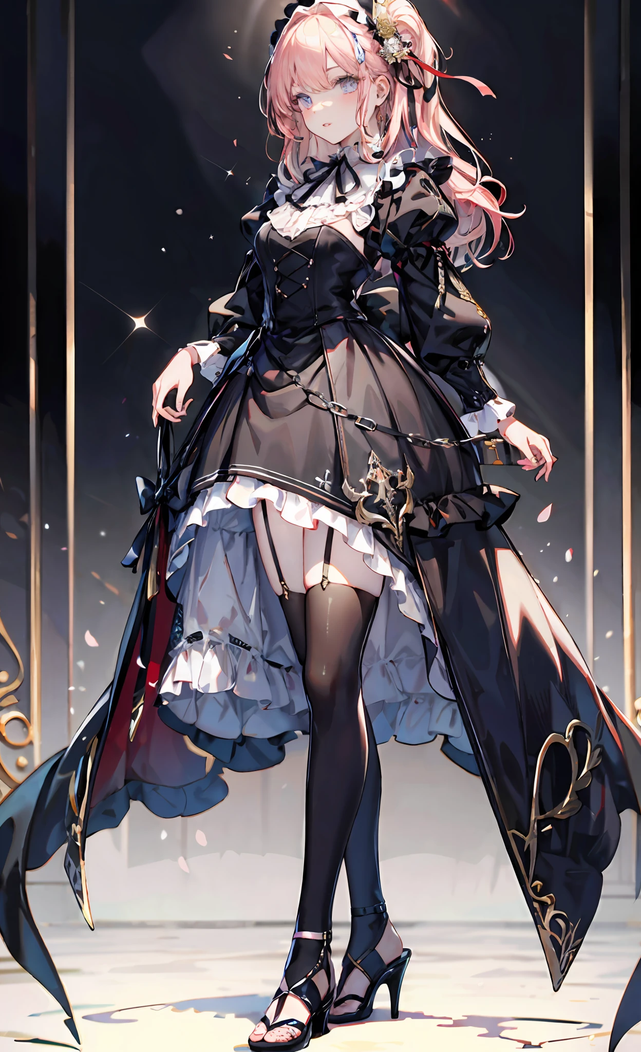 (Complete head：1.9)，meticulous portrayal of face，1 noblewoman，a matural female，Black dress long dress，(black lence stockings+)，(High-heeled ribbon sandals)，(Black stocking feet+)，Pink White Long Hair，Prom background， Perfect body， s the perfect face， perfect hand， Perfect Finger， Perfect lips， perfect  eyes， Perfect background