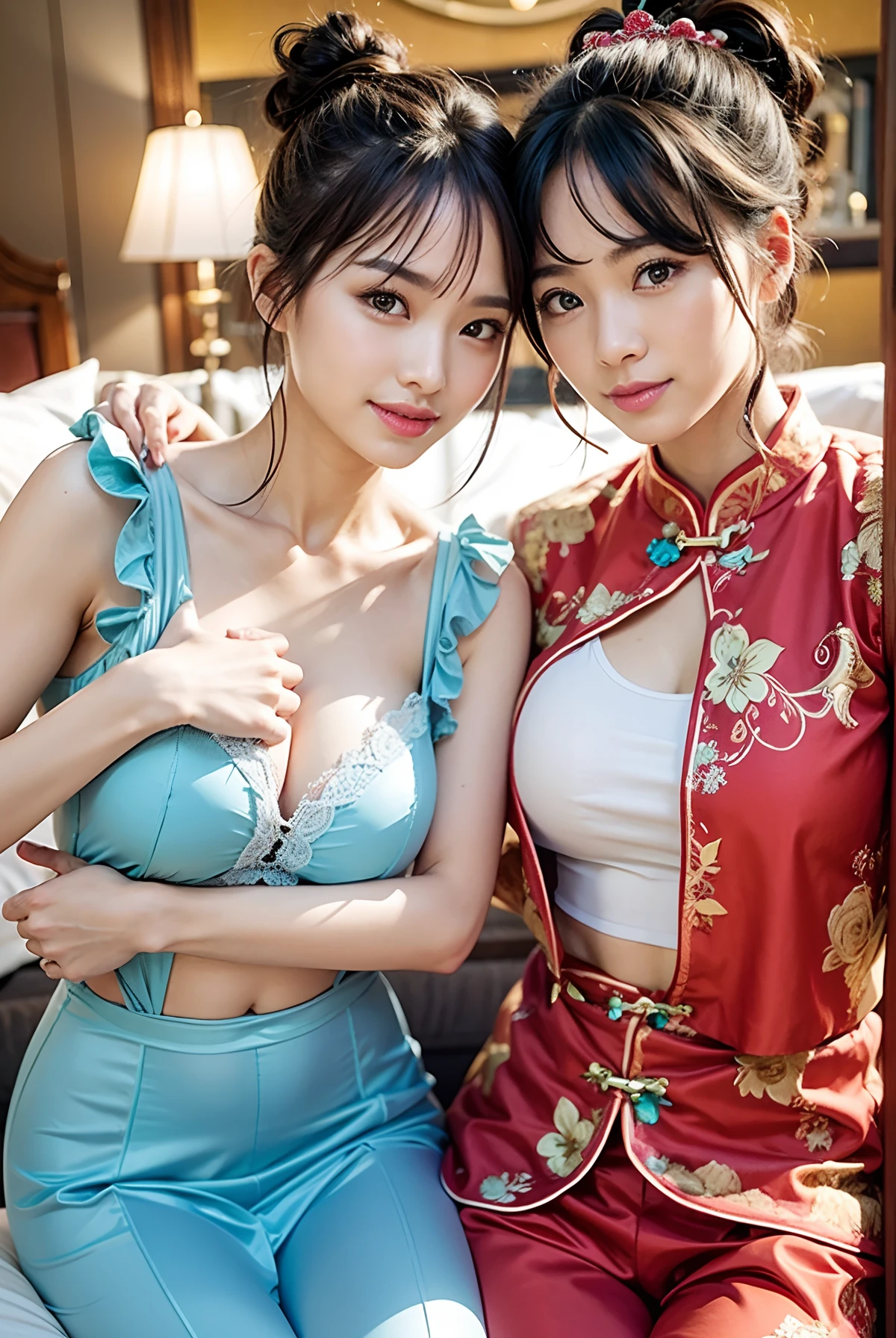 Multiple beauties touching each other, Light clothes, Sleeveless, Two women posing for a photo on bed, Surreal full-body figure, Beautiful and detailed body and face, gorgeous figure, pony tails, Clear, Smile, Moaning, Tease, Surreal full body body, Beautiful and detailed body and face, Extra-long viewing angle, Fair skin, Bright colors, Asian,Blurry, Chinese clothing underwear