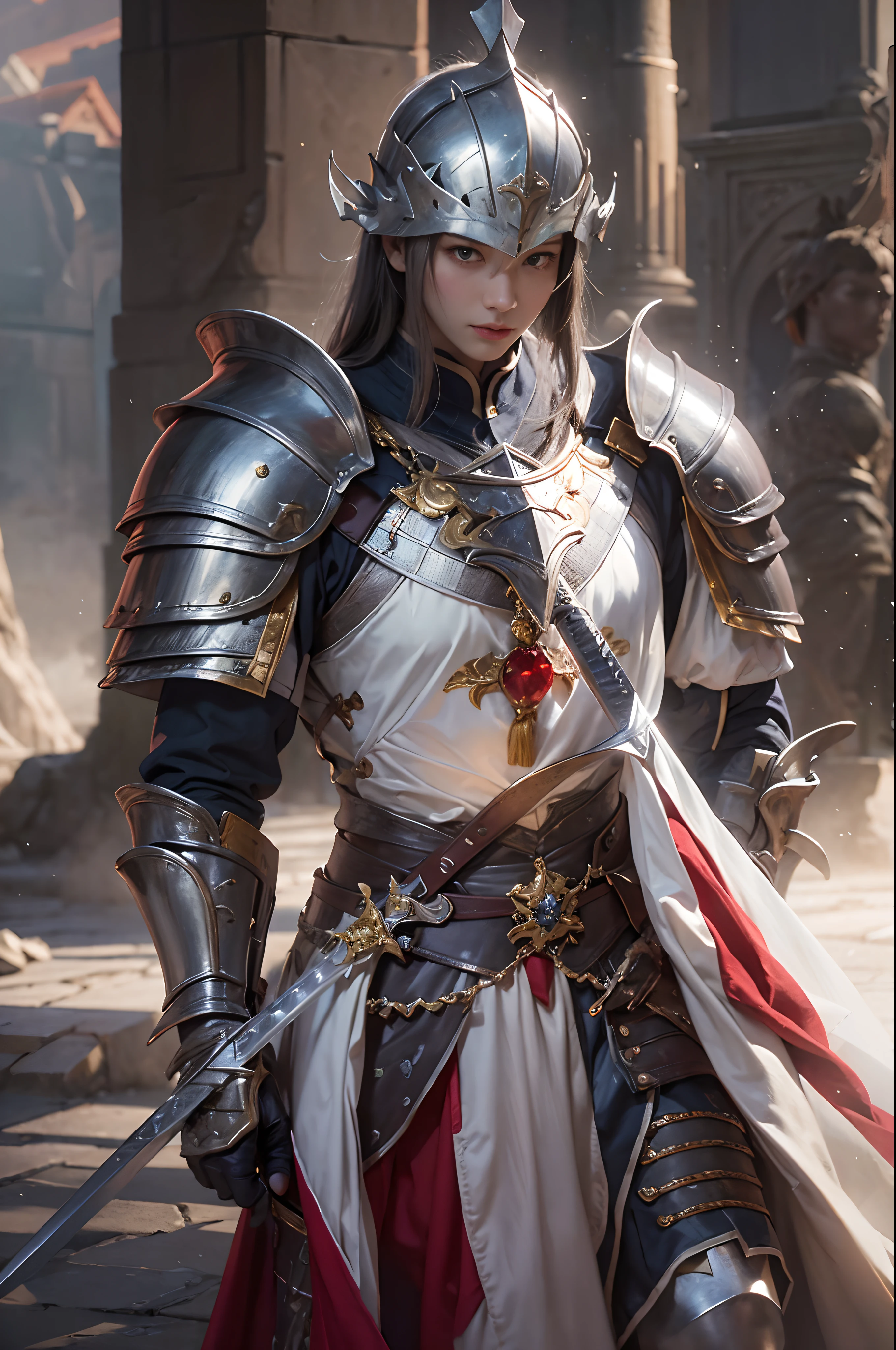 (masuter piece:1.3)、(8k picture、Photorealsitic、Raw photography、top-quality: 1.4)、超A high resolution、A hyper-realistic、high-detail、musculature、Knights、Full body armor、Great sword、Large shield、Silver Shield、Great Sword of White Silver、red cloak、Majestic Royal Knight, Hold the sword with confidence and courage、Standing, Sunshine, The majesty of the Royal Order、