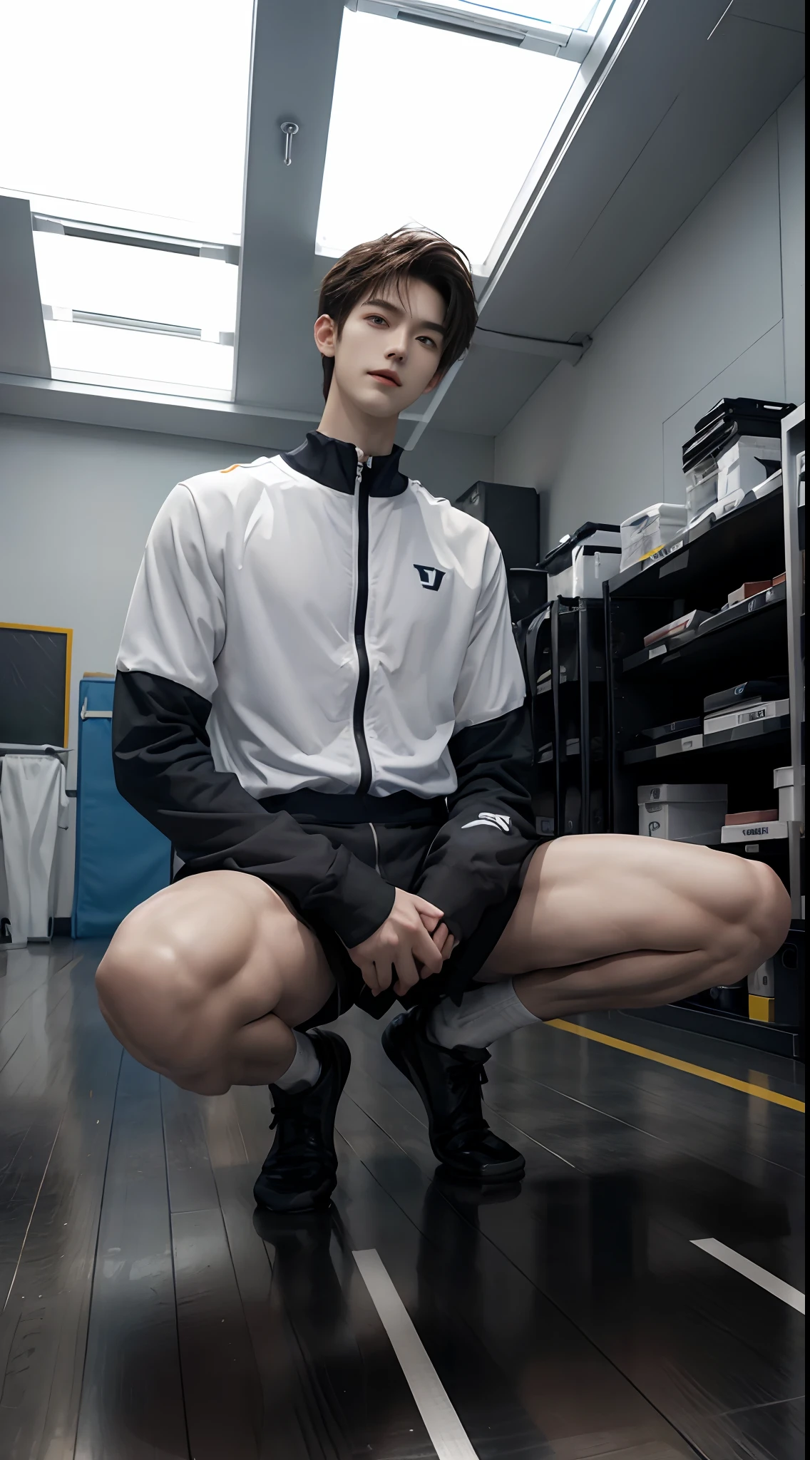 (((Best quality))),(((Ultra detailed))),(((Masterpiece)))，（Cute tall Shota：2），The height of a volleyball player，solo person，（full bodyesbian：3），（Stay away from the lens：3），Expose your legs，（revealing the whole body：2），（Frontal heads-up view：1.2），malefocus，（looking at viewert）， old，（Tall：3），（Tall guy：2），Super tall，（Height 300 cm：2），Excellent body proportions，muscular physique，（1.The shoulders are 5 times wider：1.2），（Slender straight legs：2.5），Slender feet，small heads，musculous，（The face of the animated male protagonist），Pure face，（Very detailed beautiful face and eyes：2），（Big bright eyes：1.2），Sharp eyeliner，Clear and beautiful face，，exhilarated，（Happy smile：2），short detailed hair，（Correct facial features），（tilts your head：1.5），（school uniform for boys：2)，Long white socks，（Muscle firming：2），Strong，（Wide shoulders and narrow waist：2.2），Sports men's socks，Detailed muscle texture，Highlights muscle structure，On the sports field，（kneels on the ground：4），（full length shoot），ultra-realistic realism, (Photorealistic detail), Incredible accuracy, lifelike textures, masterful technique, Jaw-dropping precision, artistic dedication，（anatomy correct），Good lighting，exquisite detailing，Best quality，stunning masterpiece，CG，（Colored screen）