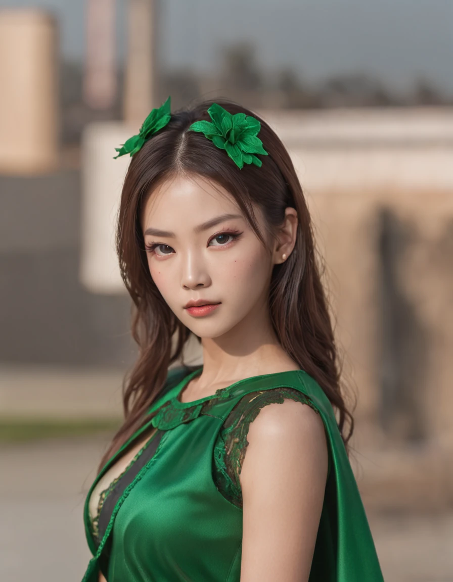 ((Best Quality, 8k, photo realistic:1.4, Masterpiece)), back Lighting, highly detailed facial textures women, 24yo, (((green Cheerleader:1.2))), ((Stadium Background: 1.2)), arm up, ultra-detailed skin, beautiful make up, detailed eyes, smirk taunting, fierce and arrogant face, asian, smooth armpits, sexy costume, korean, sexy body, villain:1.5, dominatrix:1.5