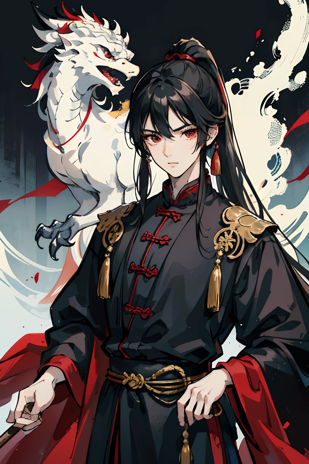hdr, High quality, Masterpiece, Excellent, Daytime, 1 man, Chinese style, Ancient China, Chinese court, eagle, Black hair, Red eyes, Split ends of hair, Long hair, Long bangs, High ponytail, Handsome, Handsome, Serious, gentle, Tall, Quiet, Dark clothes, Dark gray clothes, prince, sword, Looking down, Behind him is a white Chinese dragon