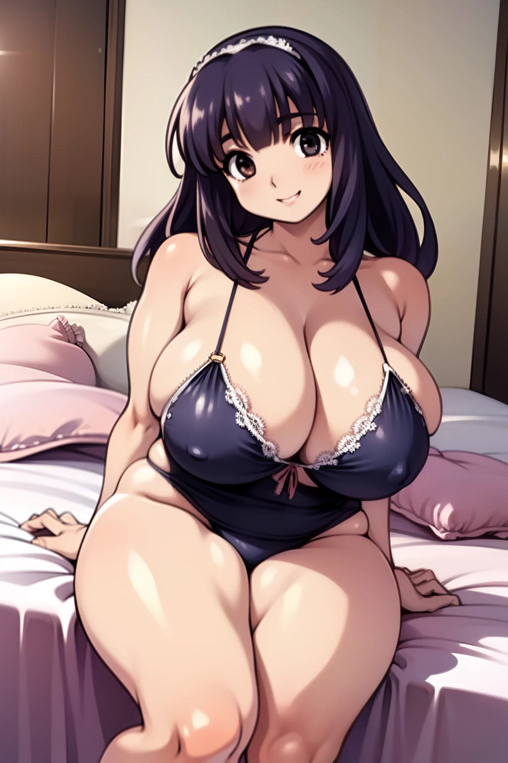 best qualtiy，beautiful quality，Photorealsitic，looking at viewert，highlydetailed skin，Very detailed black hair，8，1girll，Ultra shorts，smooth and delicate thighs，Sit on the bed with your legs crossed 、huge-breasted、A big smile、Striped swimsuit