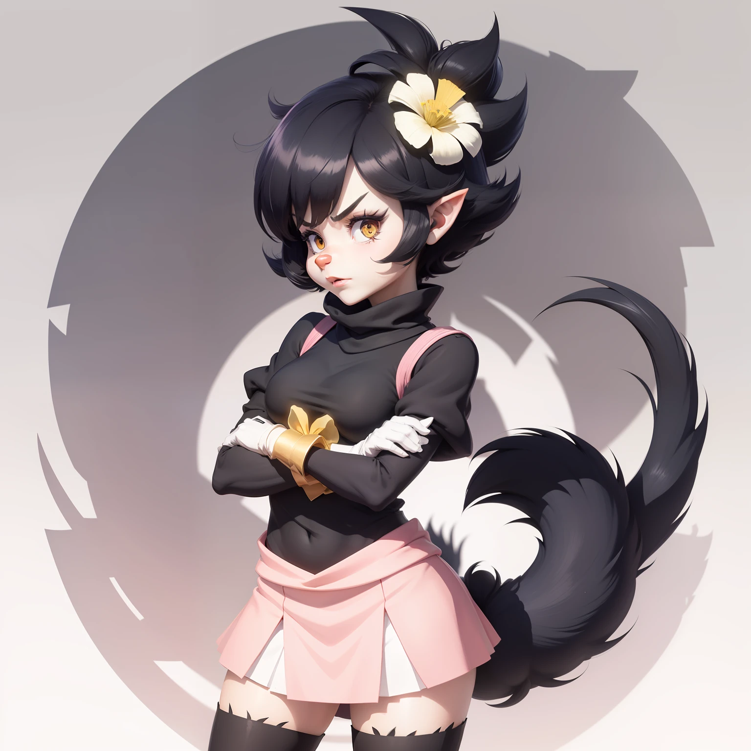 Dot Warner, 1girl, black sweater, pink skirt, furry, red nose, long ears, short hair, black hair, yellow flower, hair ornament, bangs, white gloves, body fur, long tail, black eyes, white feet, black and white fur, perfect anatomy, white skin, fgo sprite