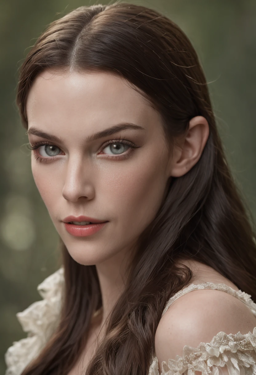 "elf with captivating liv tyler-like face, showcasing semi body portrait, emphasizing enchanting elf ears"