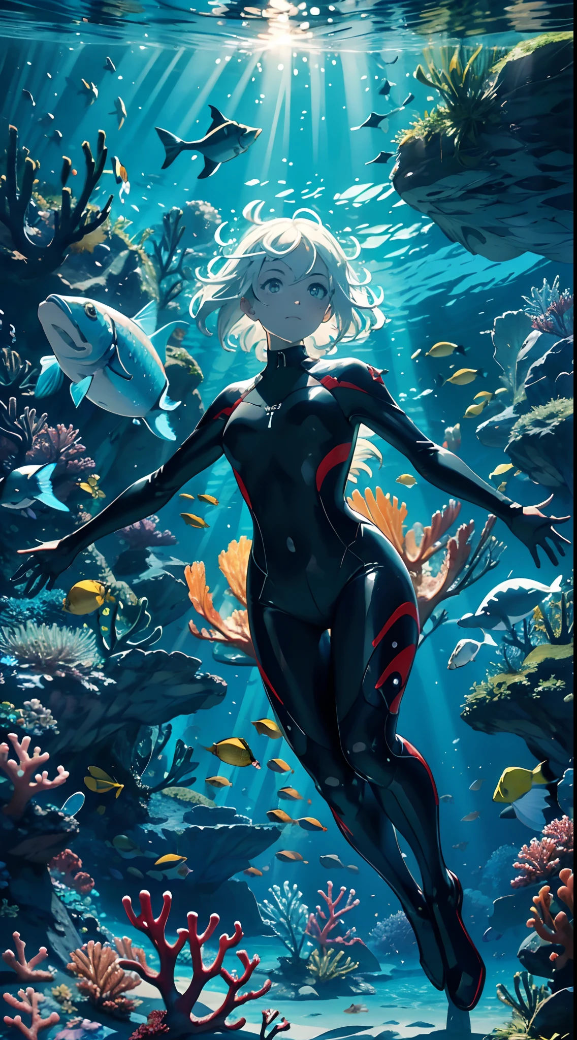 Character with wetsuit in Below Water, near a (castle) submerged below water, with rays of sunlight penetrating into the depths, illuminating the whole environment in a magical and charming way, ray tracing, masterpiece, best quality, ultra quality, absurd details, best light, best shadow, sharp, sharp image, detailed, extremely detailed, great resolution, 8k, 4k, uhd, particle effects, cute effects, vivid colors, fish, shoal, corals, sea monsters, air bubbles, sun, day