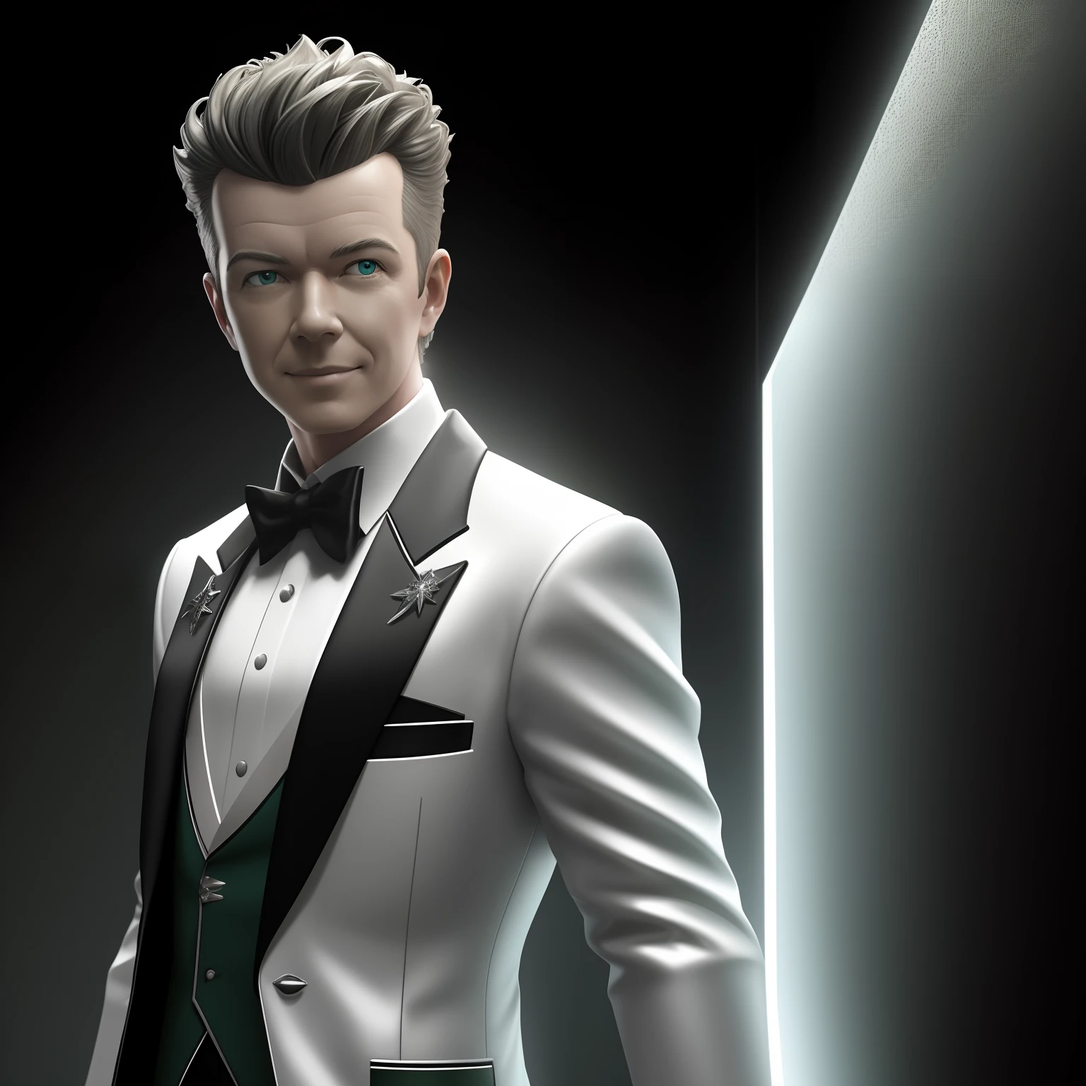 action figure rick astley, metalic white and green tuxedo, smiling, looking at the viewer, hyper detail, dramatic light, intricate details, best quality, (extremely detailed CG unity 8k wallpaper, masterpiece, best quality, ultra-detailed, best shadow), simple gray background,