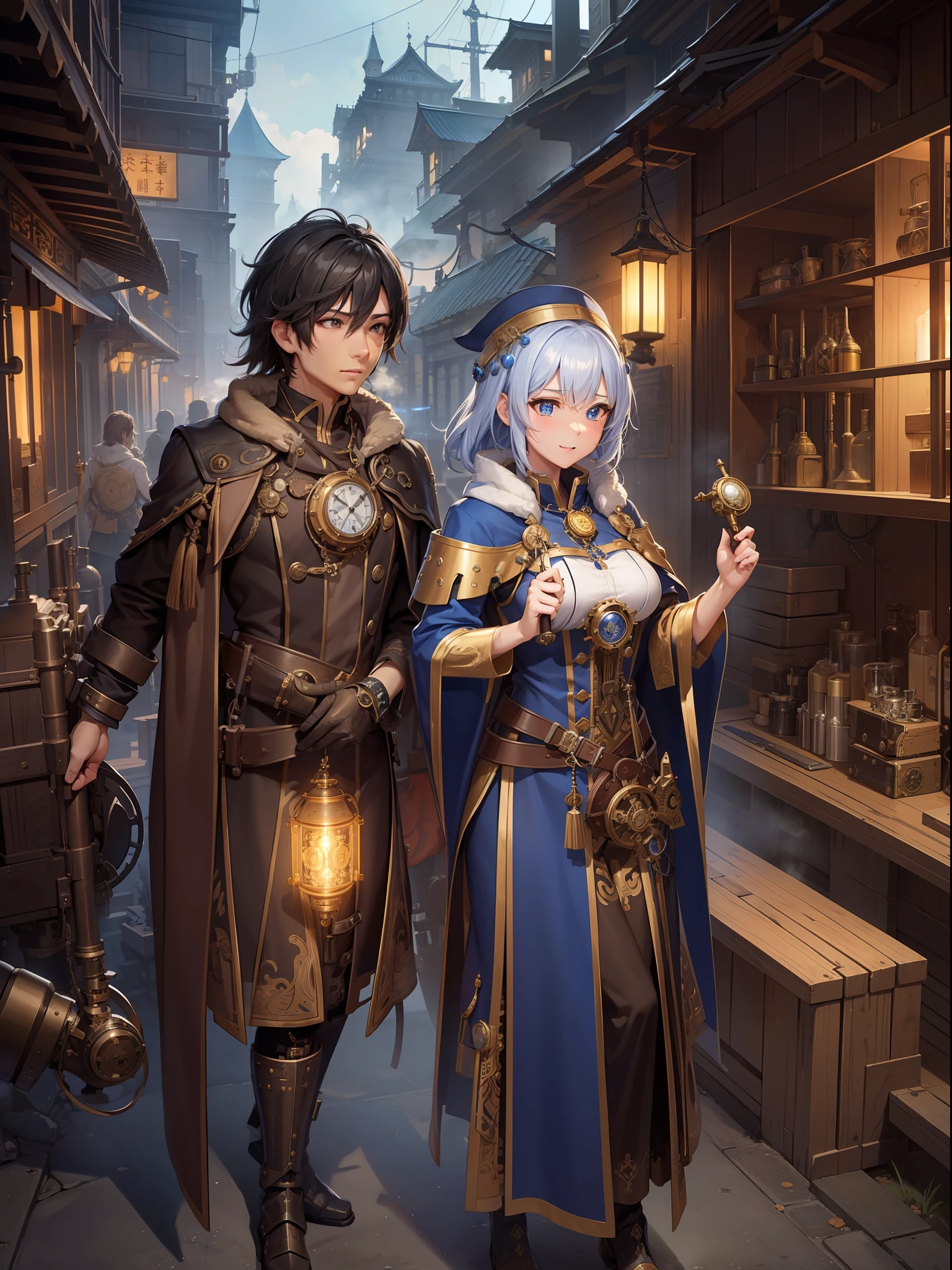 Steam Science、Countless gear and watch decorations、1 pretty woman、Priestess costume with a lot of steampunk elements、short-cut、light、shrines、Countless pipes and gears、Steampunk-style cityscape、Overflowing steam、