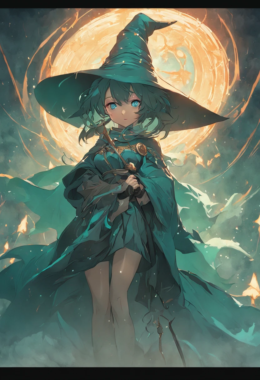 (((of the highest quality: 1.4))), ,(very intricate:1.3)(unparalleled masterpiece ever), (Ultra high definition),(Ultra-realistic 8K CG),(actionpose), (dark shot: 1.4), beautiful witch, The most bewitching in the world,(Complex mage wizard ornate robes and hats, Green Cape, :1.1), Realistic detailed aqua eye, 8 life-size, thicc body,(Magical mystical background, Fog, Faint darkness), The tree々Transmitted light adds depth to the image, (Cinematic, Teal, orange: 0.85), (Muted colors, dim colors, Muted Tones: 1.3), Low saturation, (Hyper Detail: 1.2), (Noir: 0.4), , Perfect Anatomy