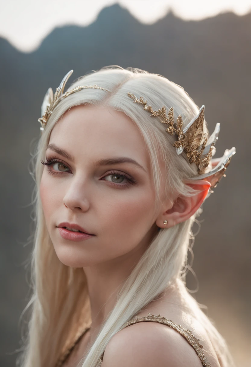 "elf with captivating sharlize theron-like face, showcasing semi body portrait, emphasizing enchanting elf ears"
