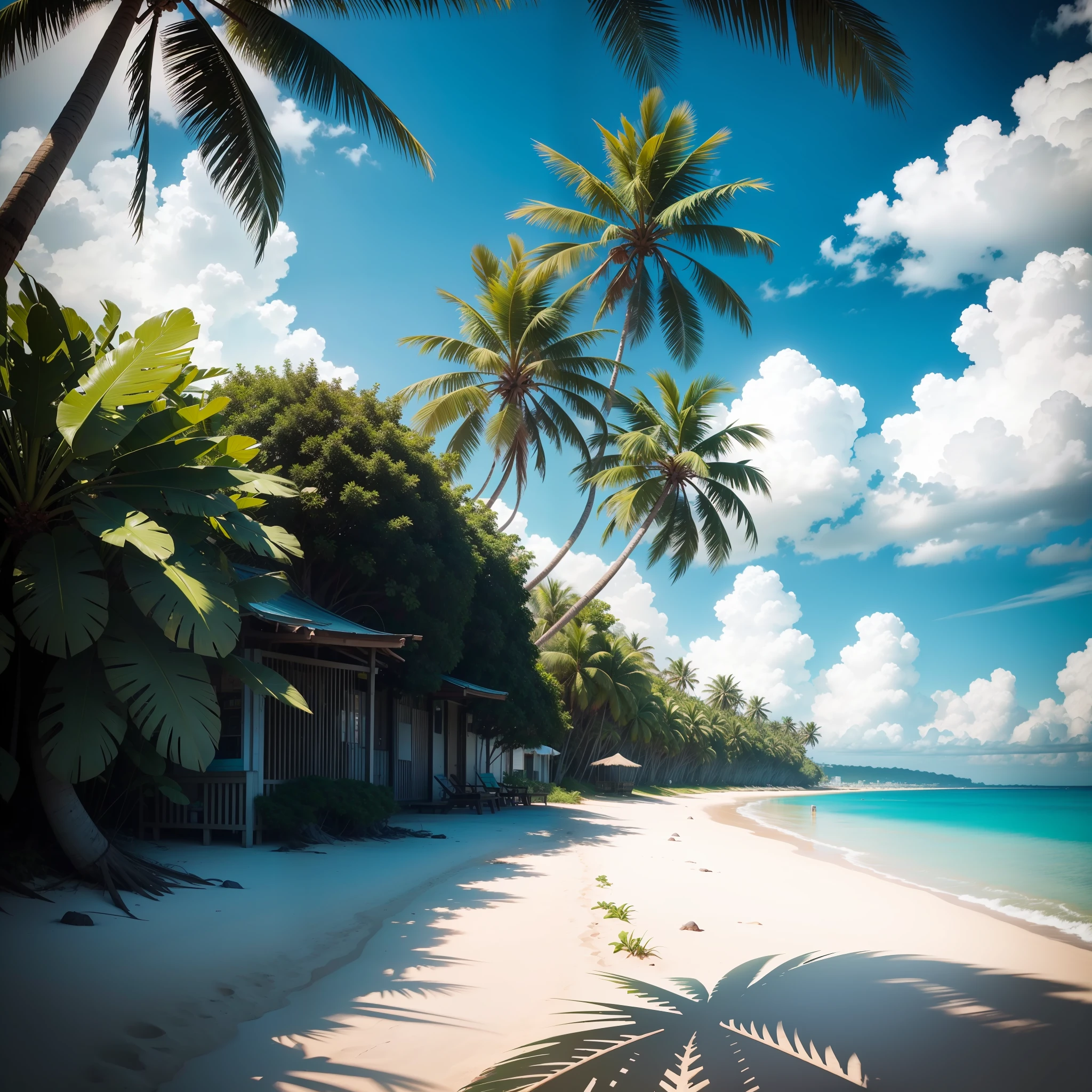 On the beach of a tropical island,Some coconut palms grow on the coastline,The sea is calm,But the beach is empty。8K,ultra-clear。