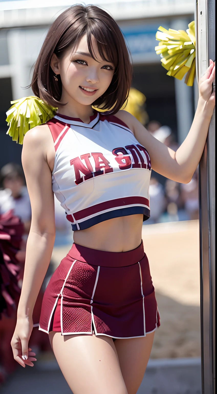 8K raw photos、Beautuful Women:2.0、24 years of age、jpn、Cute Turtle、nedium breasts、((cheer girl:1.5))、A miniskirt、Beautiful eyes finely detailed、eyeslashes、((Brown eyes:1.2))、beautiful double eyelid、eye shadows、Perfect eye makeup、((A smile:1.6))、beautiful and thin legs、(Maroon hair)、Medium hair、Fluffy hair、stadio、Daytime、latina、Photorealsitic:1.9、Sexy navel、Skinny legs、tthin eyebrows、tear bag、lofty nose、((Highly sexy))
