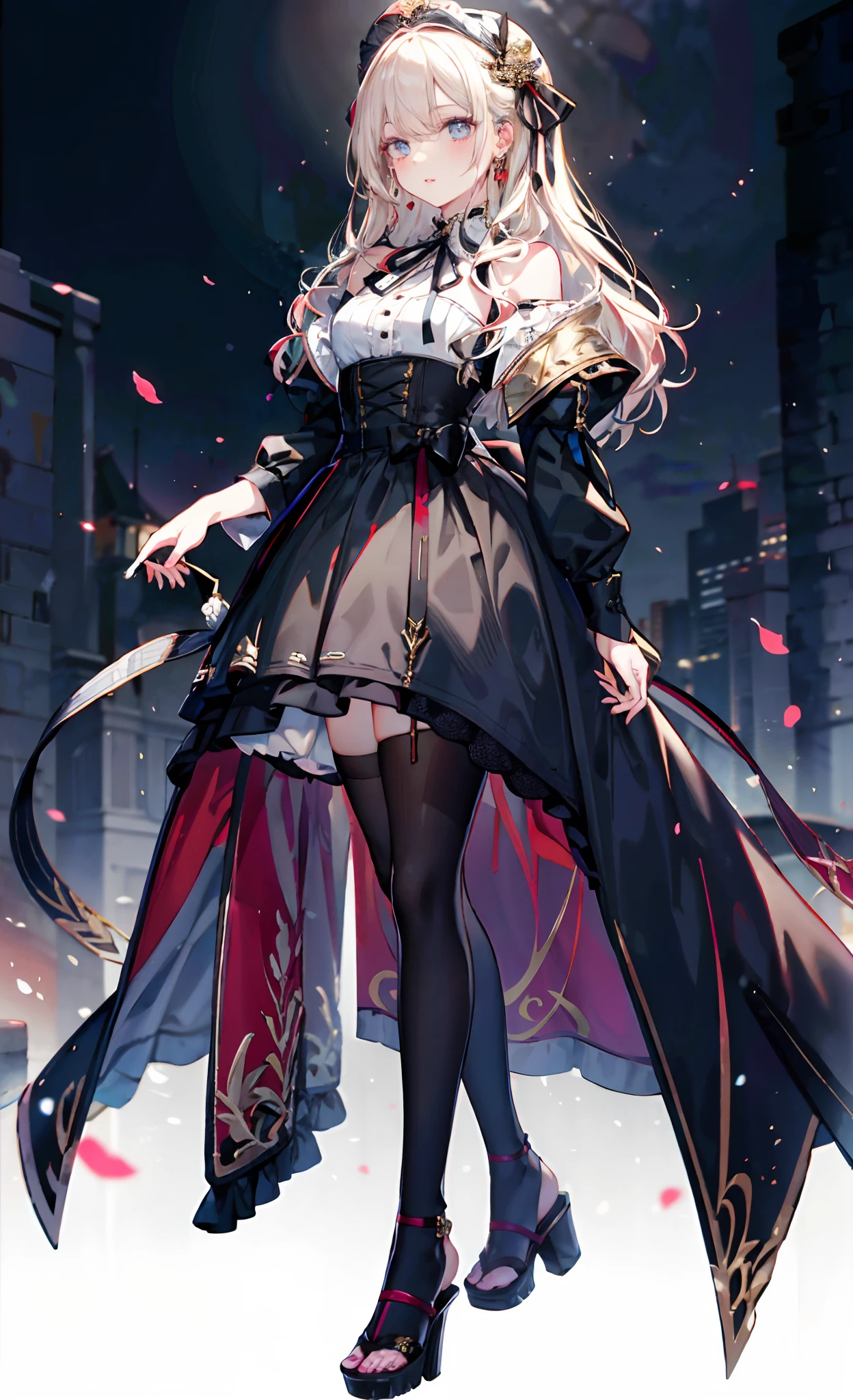(Complete head:1.9),meticulous portrayal of face,1 noblewoman,a matural female,Black dress long dress,(black lence stockings+),(High-heeled ribbon sandals),(Black stocking feet+),Pink White Long Hair,Prom background, Perfect body, s the perfect face, perfect hand, Perfect Finger, Perfect lips, perfect eyes, Perfect background