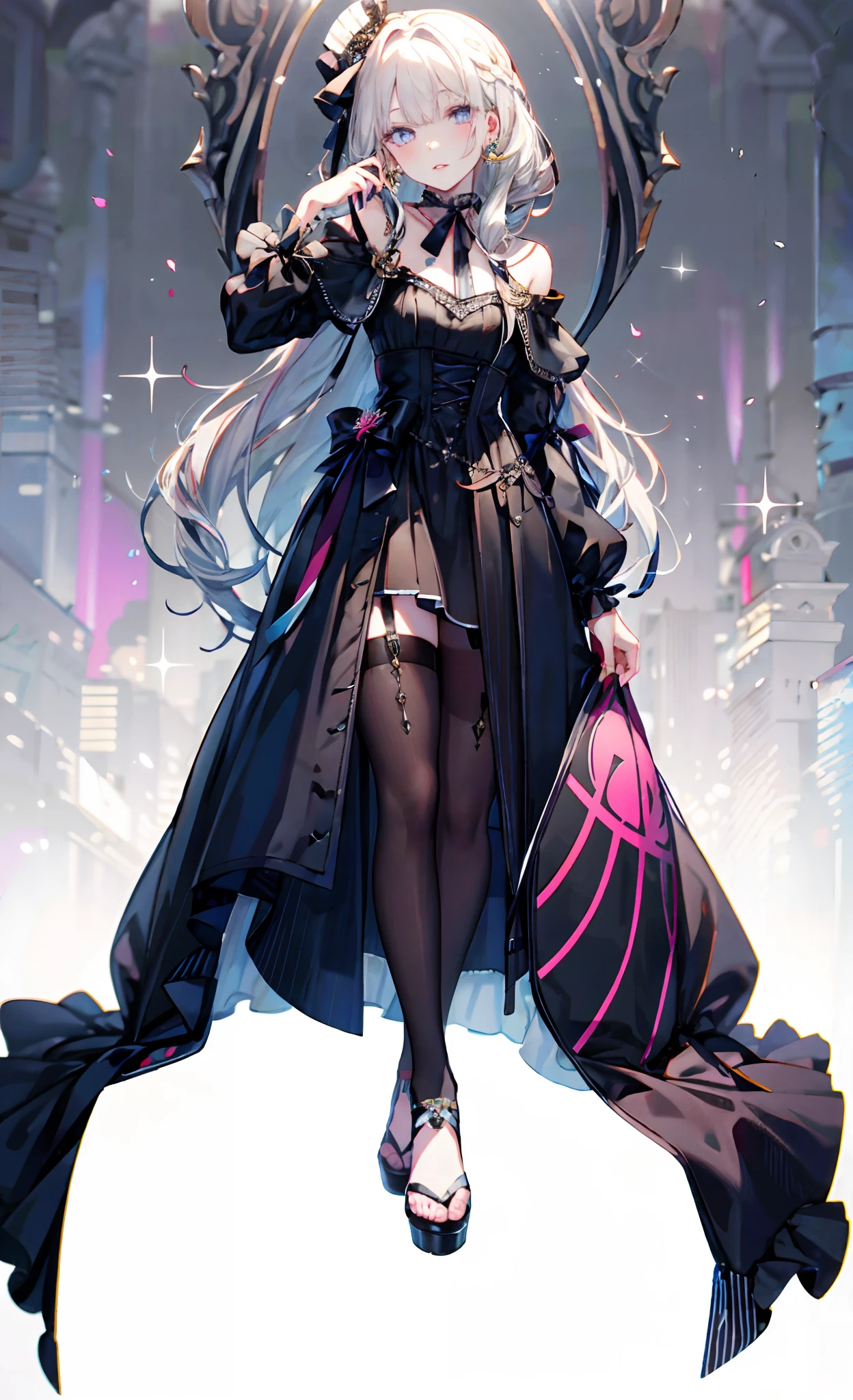 (Complete head:1.9),meticulous portrayal of face,1 noblewoman,a matural female,Black dress long dress,(black lence stockings+),(High-heeled ribbon sandals),(Black stocking feet+),Pink White Long Hair,Prom background, Perfect body, s the perfect face, perfect hand, Perfect Finger, Perfect lips, perfect eyes, Perfect background