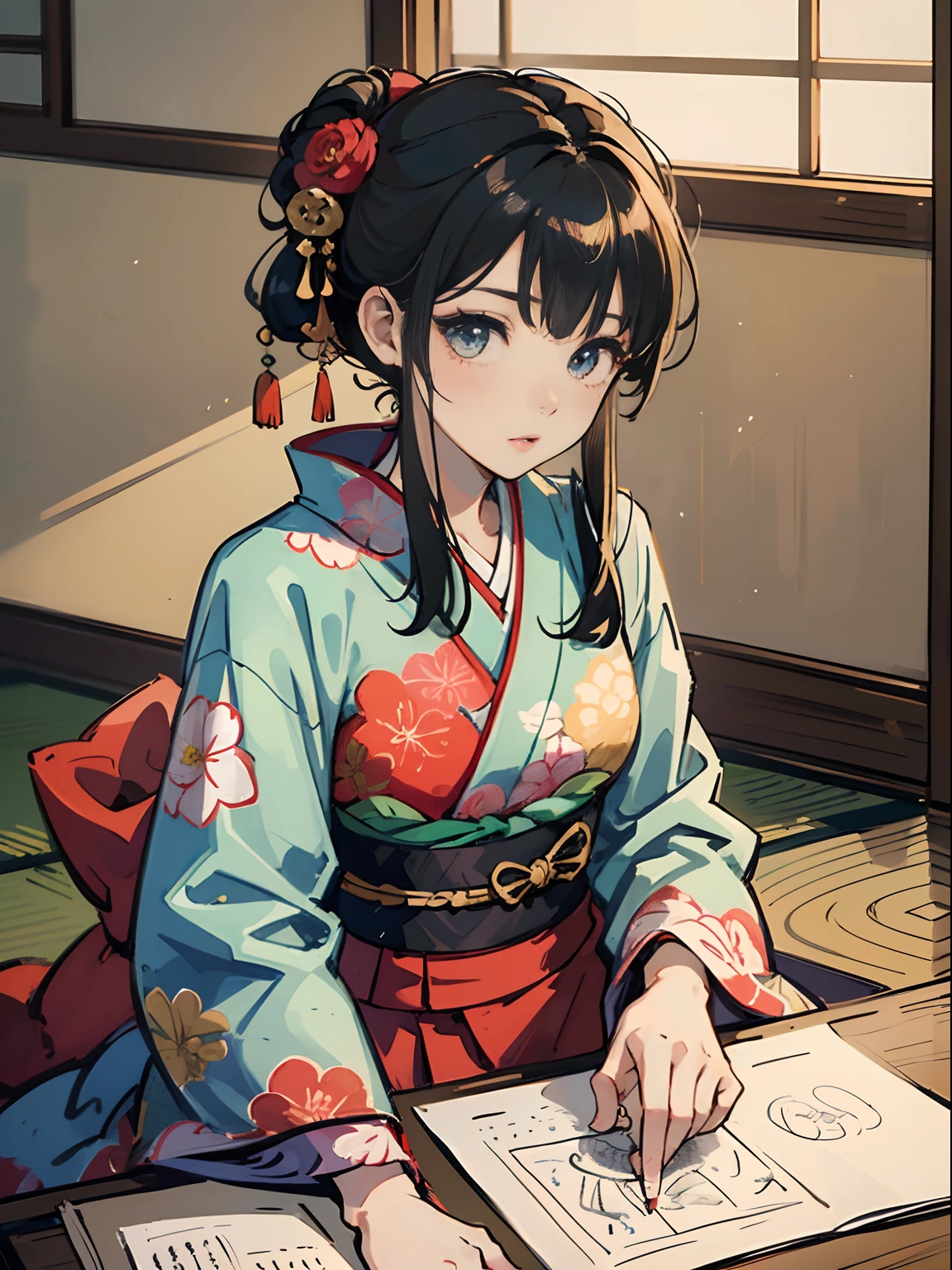 Master Pieces,hyper quality, Hyper Detailed,Perfect drawing,独奏、Beauty in the world、Komono、Japanese dress、Black-haired、Japanese hair、Colorful Japan kimono、Nishijin Ori、Delicate and smart eyes、Half-open lips、sidelong glance、Graceful、Gorgeous、Beautiful、red blush(0.2)、Dazzling、Stunning、Gorgeous、Gentle、Shunguang、natural soft light、Flowers and Birds Fugetsu、traditional Japanese room、Accurate drawing、Detailed drawing、