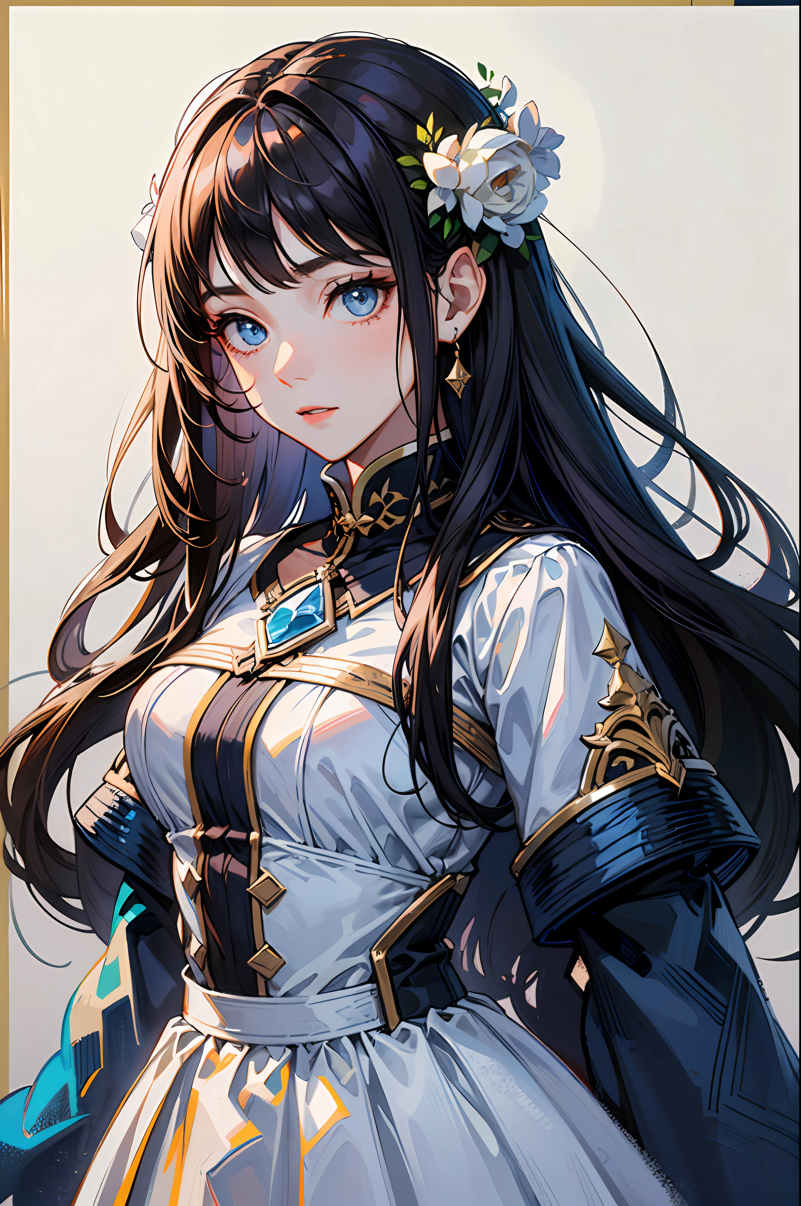 Anime girl with long black hair and blue eyes wearing a white dress ...