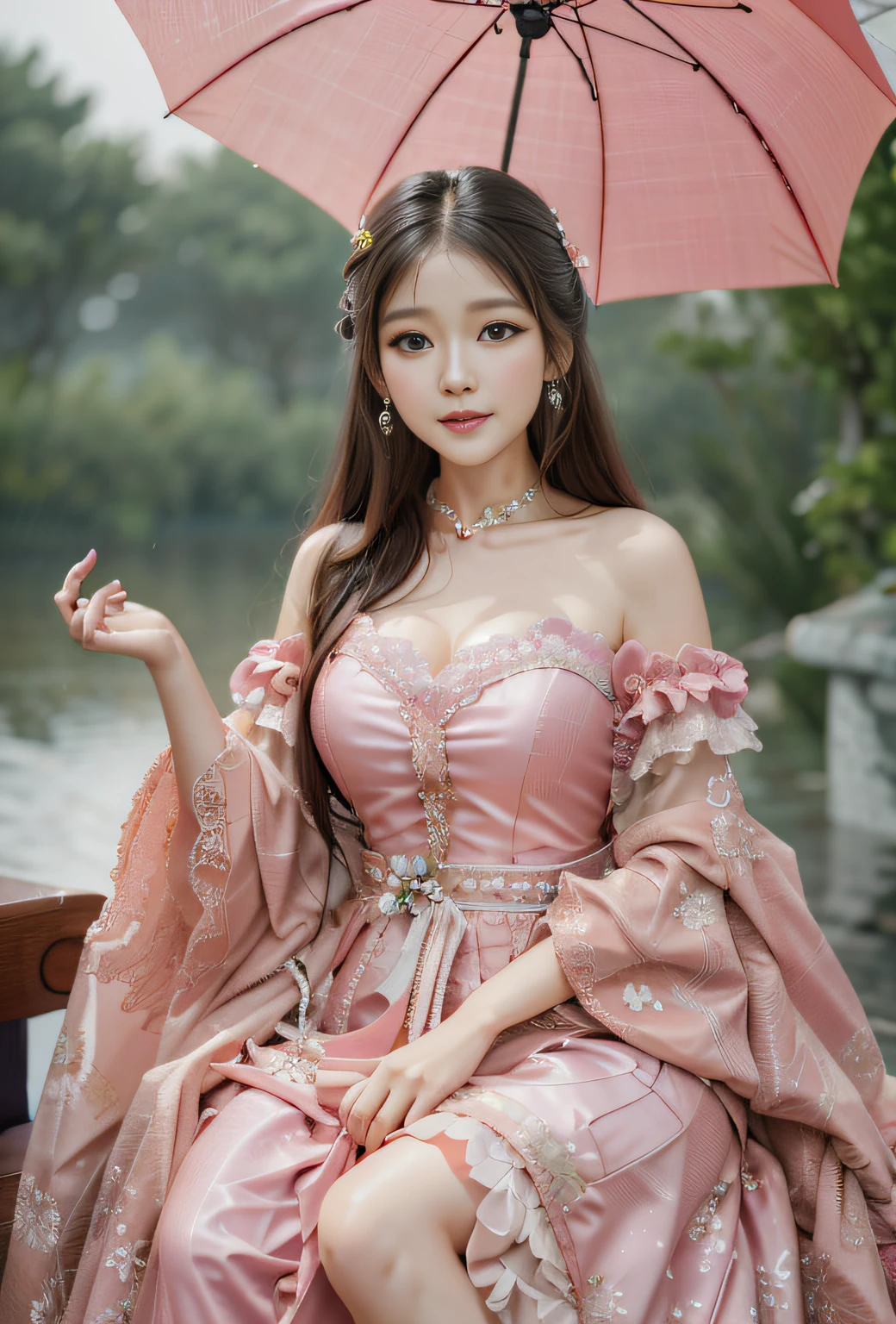 An Araki woman in a pink dress sits on a bench with an umbrella, Ethereal beauty, Romantic dress, a beautiful fantasy empress, shaxi, yanjun cheng, dreamy dress, a stunning young ethereal figure, Palace ， A girl in Hanfu, lovely languid princess, ethereal fairytale, cute elegant pose, xintong chen, Dressed in elegant dresses