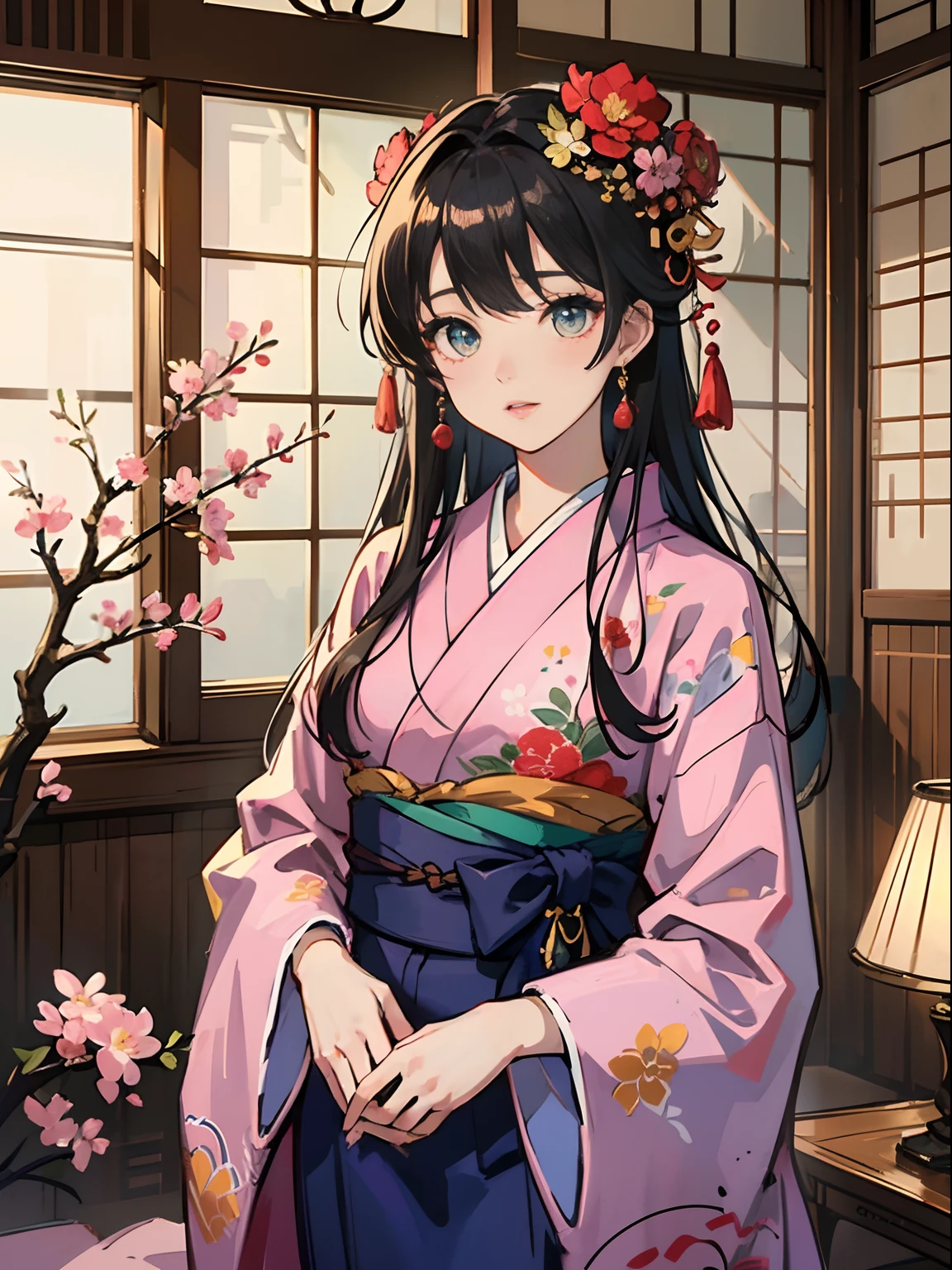 Master Pieces,hyper quality, Hyper Detailed,Perfect drawing,独奏、Beauty in the world、Komono、Japanese dress、Black-haired、Japanese hair、Colorful Japan kimono、Nishijin Ori、Delicate and smart eyes、Half-open lips、sidelong glance、Graceful、Gorgeous、Beautiful、red blush(0.2)、Dazzling、Stunning、Gorgeous、Gentle、Shunguang、natural soft light、Flowers and Birds Fugetsu、traditional Japanese room、Accurate drawing、Detailed drawing、