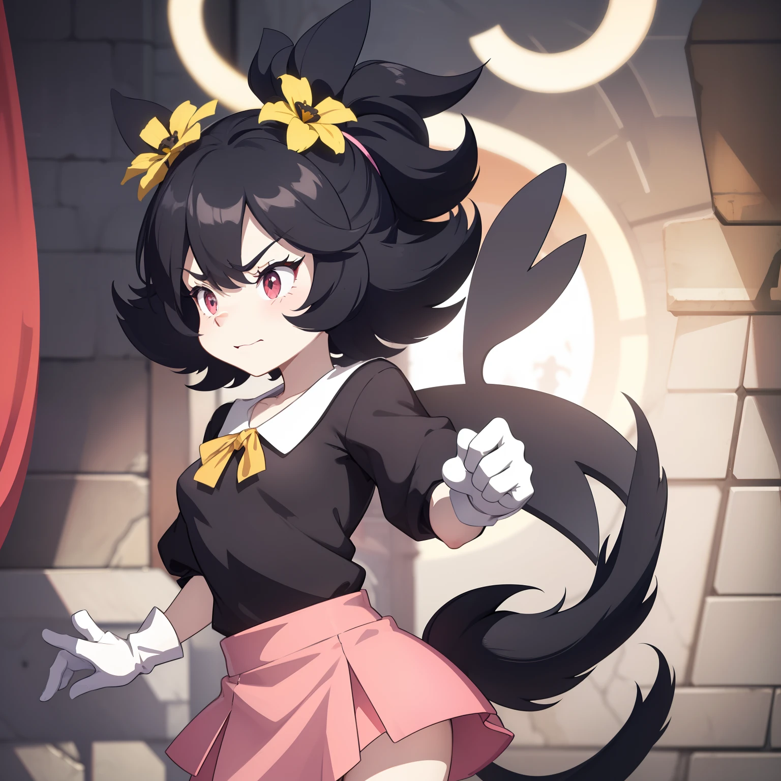 Dot Warner, 1girl, black sweater, pink skirt, furry, red nose, long ears, short hair, black hair, yellow flower, hair ornament, bangs, white gloves, body fur, long tail, black eyes, white feet, black and white fur, perfect anatomy, white skin, fgo sprite