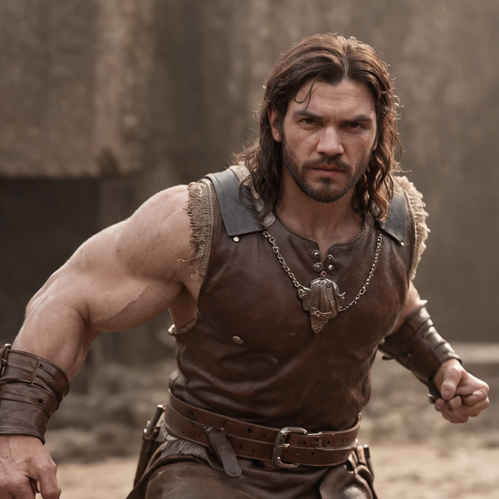 analog film photo, photo of a fantasy barbarian, 25 years old, male, brown eyes, short dark curls, tan complexion, soft facial features, medium height, broad shoulders, stocky physique, slightly chubby, lots of body hair, wearing a tunic and hose, walking through a scorched battlefield, resembles Dean Cain, RAW Photograph, dslr, soft lighting, high quality, film grain, Fujifilm XT3, detailed skin with visible pores, insane details, masterpiece, 8k, 35mm photograph, dslr, kodachrome, faded film, desaturated, grainy, vintage, Lomography, stained, highly detailed, found footage, full-body shot