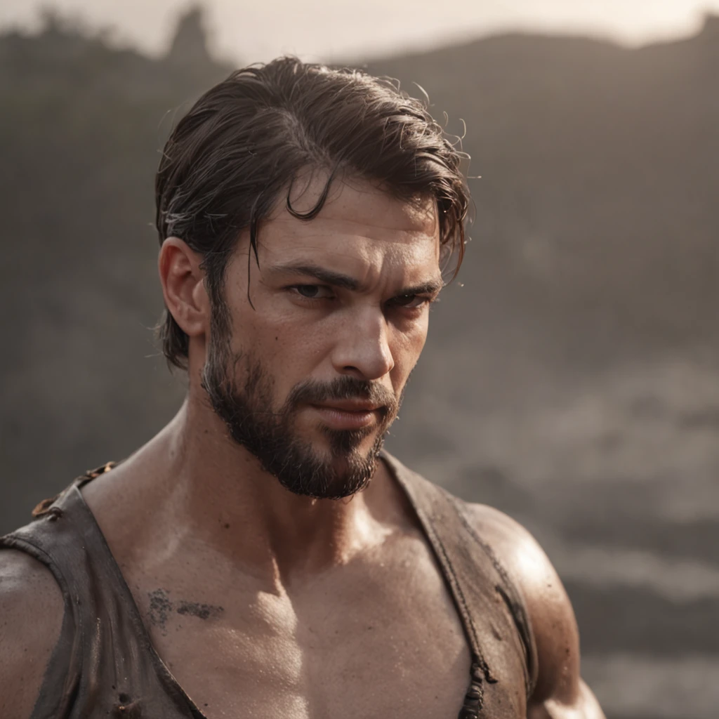 (Professional 3D rendering:1.3) de (Realistic:1.3) Foto de arte mais bonita do mundo,Features soft, bright male heroes, ((Epic hero fantasy rough muscular man wet hero angry look short wavy hair 2b, Short beard and fierce expression in dynamic pose, fantastic location, majestoso ambiente desordenado)), corpo inteiro 8k unidade render, action shot, poros da pele, very dark lighting, sombreamento pesado, circunstanciado, cyberpunk, blade runner , futurista Rosto detalhado, (vibrante, fotogrdeia realista, Realistic, Dramatic, Escuro, foco nítido, 8k), (Old leather clothes damaged by bad weather:1.4), ((((Use peles)))), (intrincado:1.4), decadente, (altamente detalhado:1.4), pintura digital, rendering by octane, art stations, Conceito-Arte, liso, foco nítido, illustration, germe da arte, (Loish:0.23), Wlop Ilya Kuvshinov, e Greg Rutkowski e Alphonse Mucha Gracias, (global ilumination, studiolight, Light Volumetric), chuva forte, floating particles, patife, fantasia, Onze, corpo inteiroesbian, ((Fundo escuro e antigo da cidade:1.3)),CGSesociedade,art stations